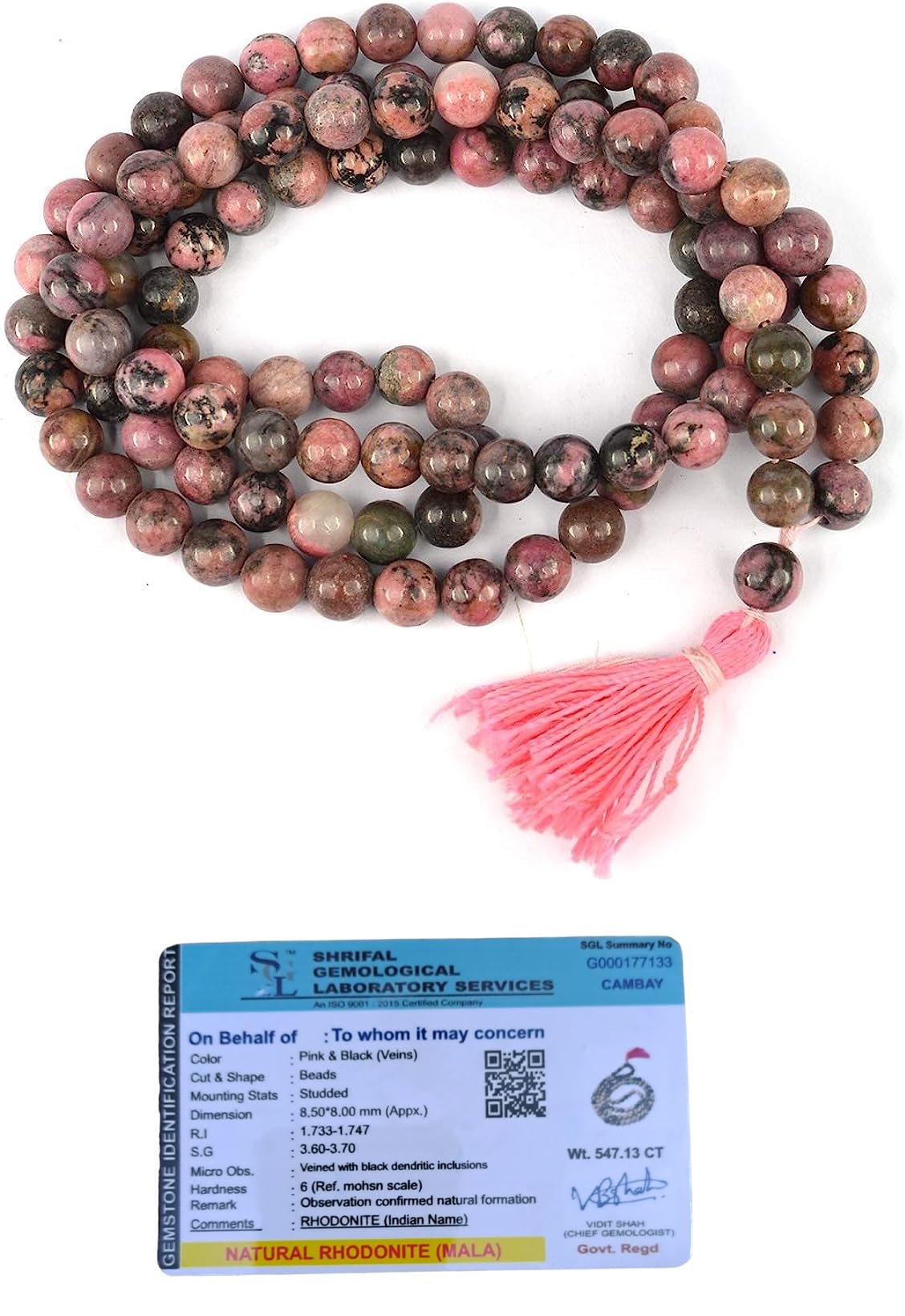 Natural Rhodonite Crystal Certified 108 Plus 1 Beads Mala Collection for Men and Women Natural Pure 8 mm Beads - for Yoga Reiki Meditation Feng Shui (B0CR8P76YX) Amazon Price History, Amazon Price Tracker