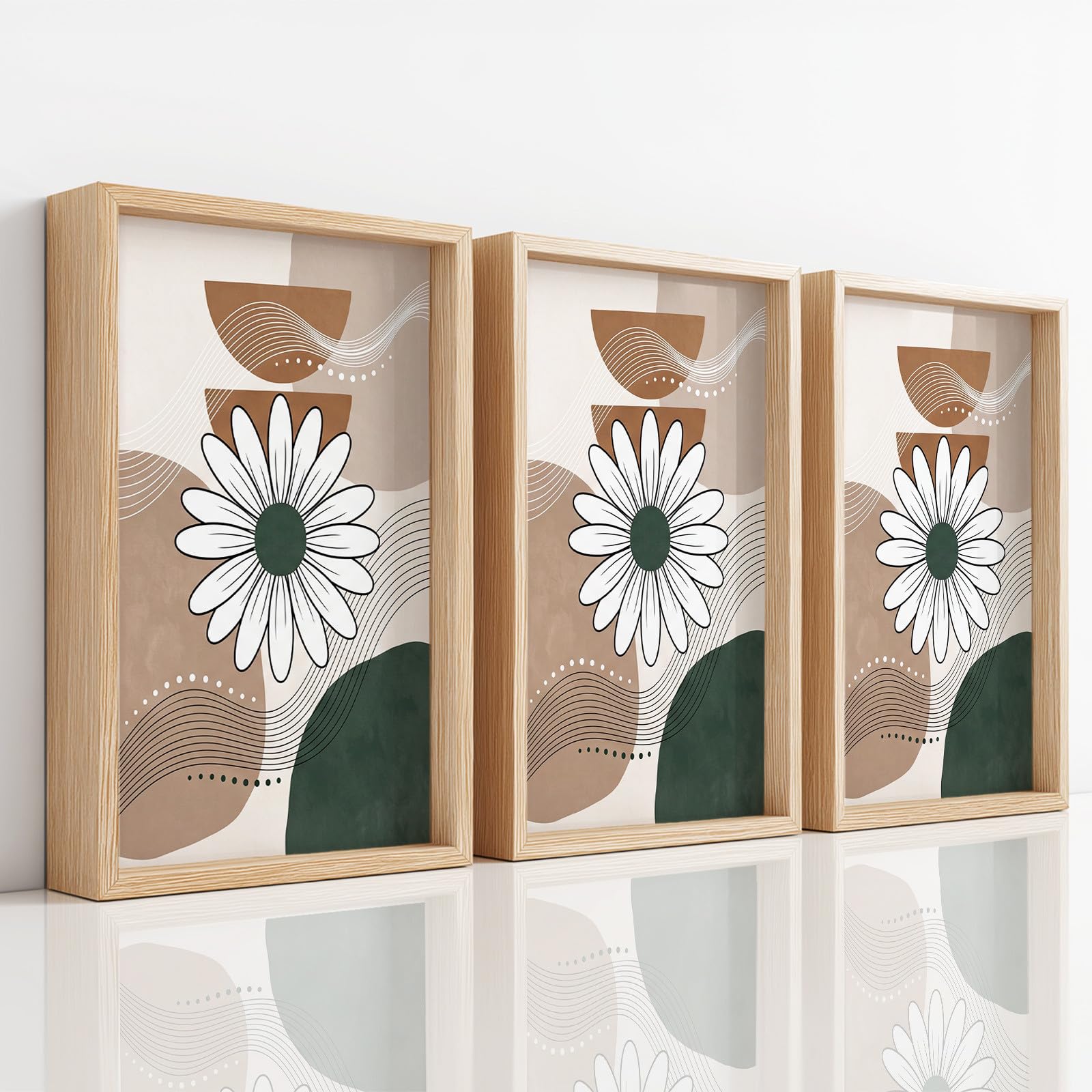 Generisch 3-teiliges Wandbild Leinwand Set 50 x 70 cm, Ohne Rahmen Triptychon Ästhetische Kunstdrucke Boho Minimalistisch für Wohnzimmer & Schlafzimmer, Linie Farbblock Gänseblümchen Ruhig Erdton