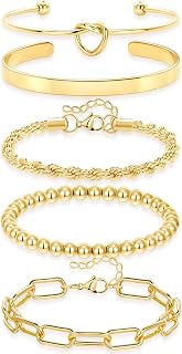Gold Bracelets for Women Non Tarnish, 14K Gold Plated Chunky Cuff Bracelet Gold Bangles Bracelet for Women Trendy Tie Knot Cuban Rope Paperclip Beaded Bracelet Stack Jewelry Gifts