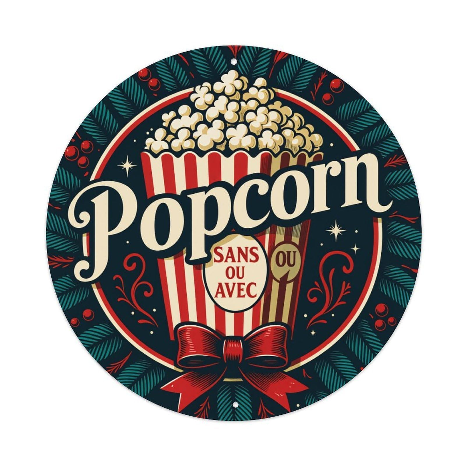 Popcorn Bucket Red Bow Leaves Round Tin Sign Retro Metal Sign for Cafe Bar Pub Home Game Room Gym Club Wall Decoration Vintage Metal Poster 8x8 Inch