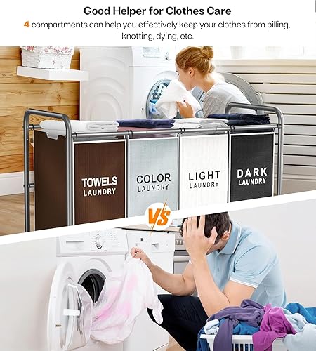 Vista 3 de ROMOON Carrito clasificador de cestas de lavandería: organizador de 4 secciones con ruedas bloqueables de servicio pesado y bolsas extraíbles