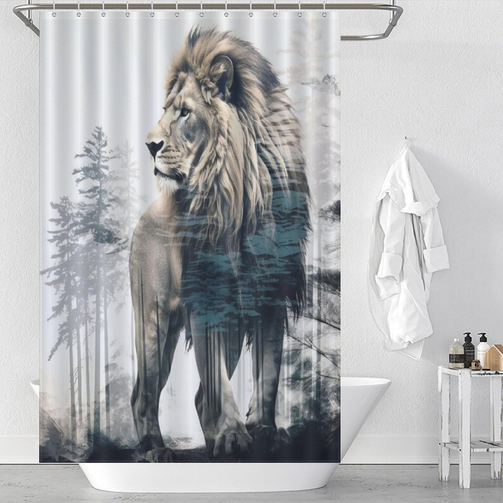 Rideau de douche lion en tissu lavable pour baignoire 122x183cm