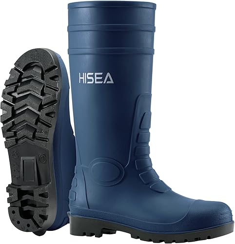 HISEA Botas de lluvia con punta de acero para hombre, botas de goma de PVC, botas de trabajo impermeables para pesca en jardín, botas de trabajo al