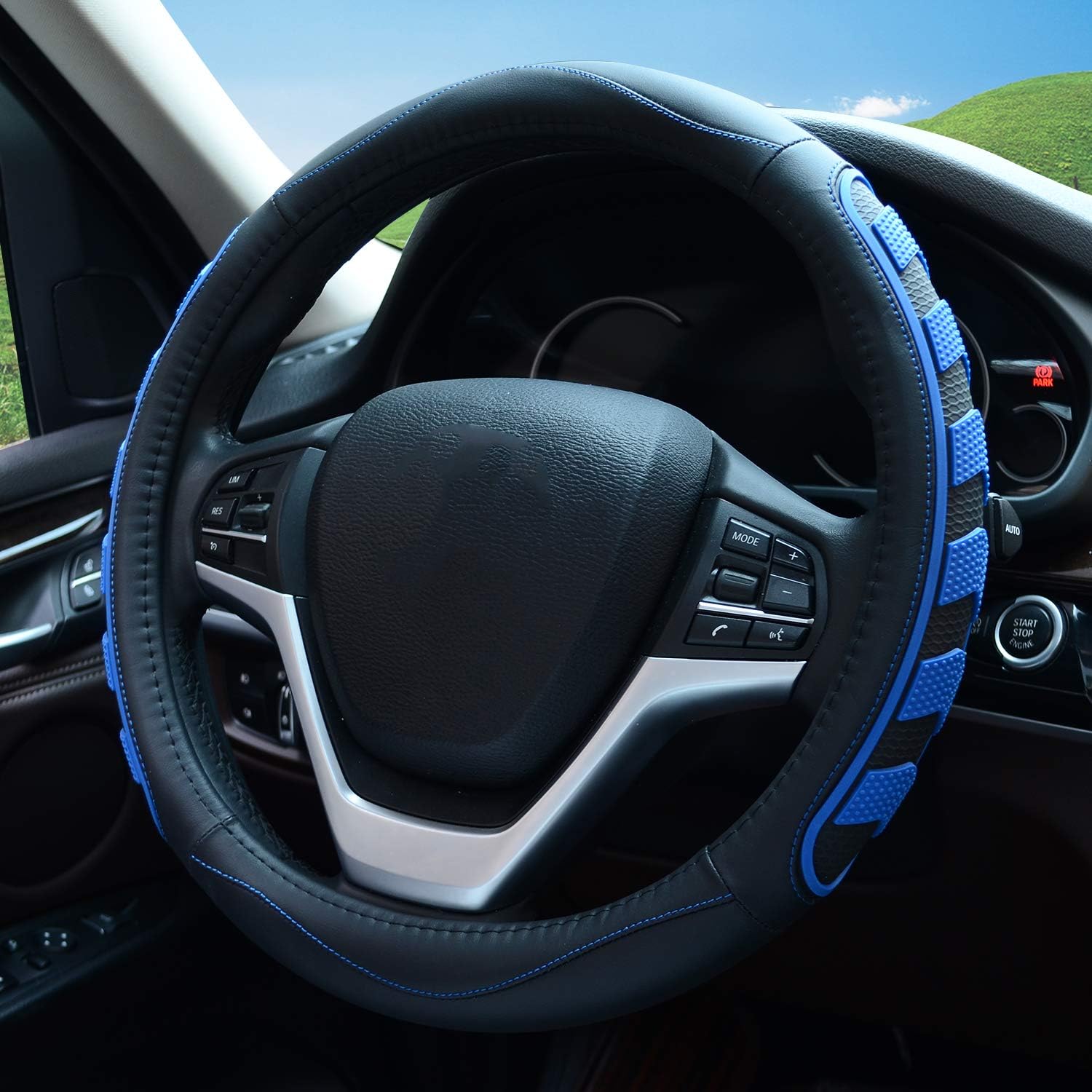 Car Steering Wheel Cover with Durable PU Leather, Universal 15 inch Fit for Car Truck SUV, Breathable Anti Slip Auto Steering Wheel Covers for Men and Women, Blue