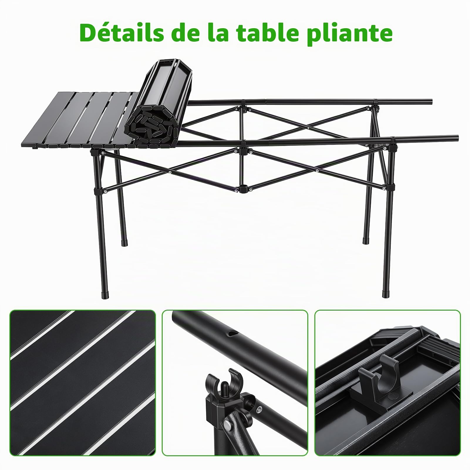 Ensemble table chaise camping 5 pieces, table camping pliante et 4 chaises pliantes, mobilier campings pliant en acier carbone, tables pique nique pliante portable jardin terrasse peche (Noir)