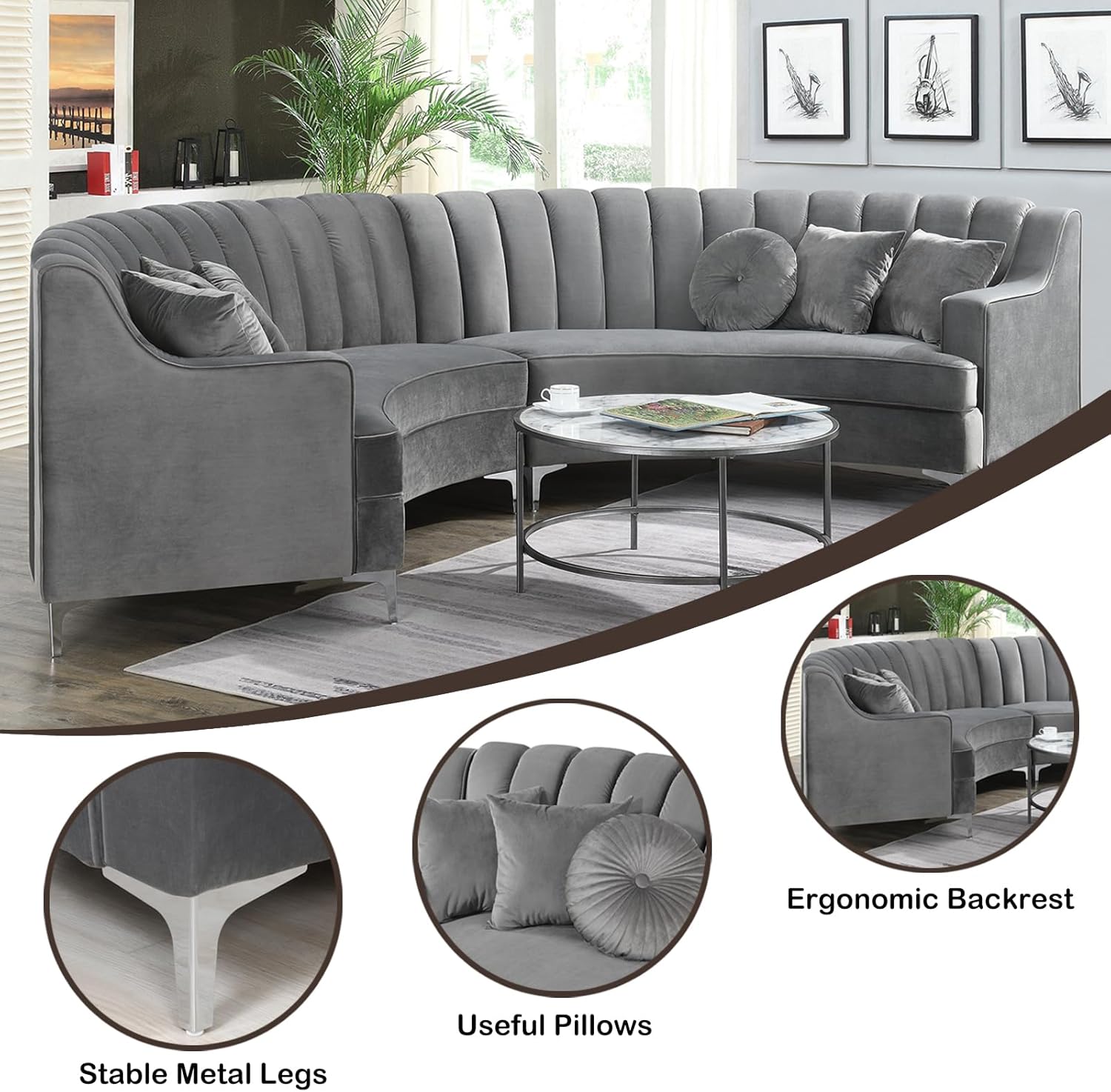 Legend Vansen L Semicircle Velvet Sofa 141.34” Oversized Sectional Curved Sofa for Living Room, Office, Apartment (2, Gery)