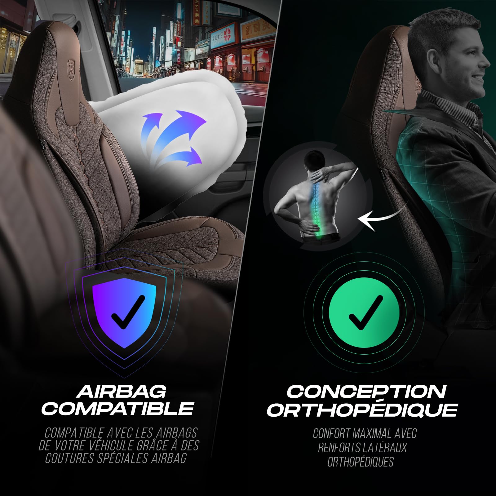 Housses de siège auto universelles pour voitures et SUV – Housse de siège avant premium en lin, marron, coussin compatible airbag, housse de protection de siège auto, ensemble complet