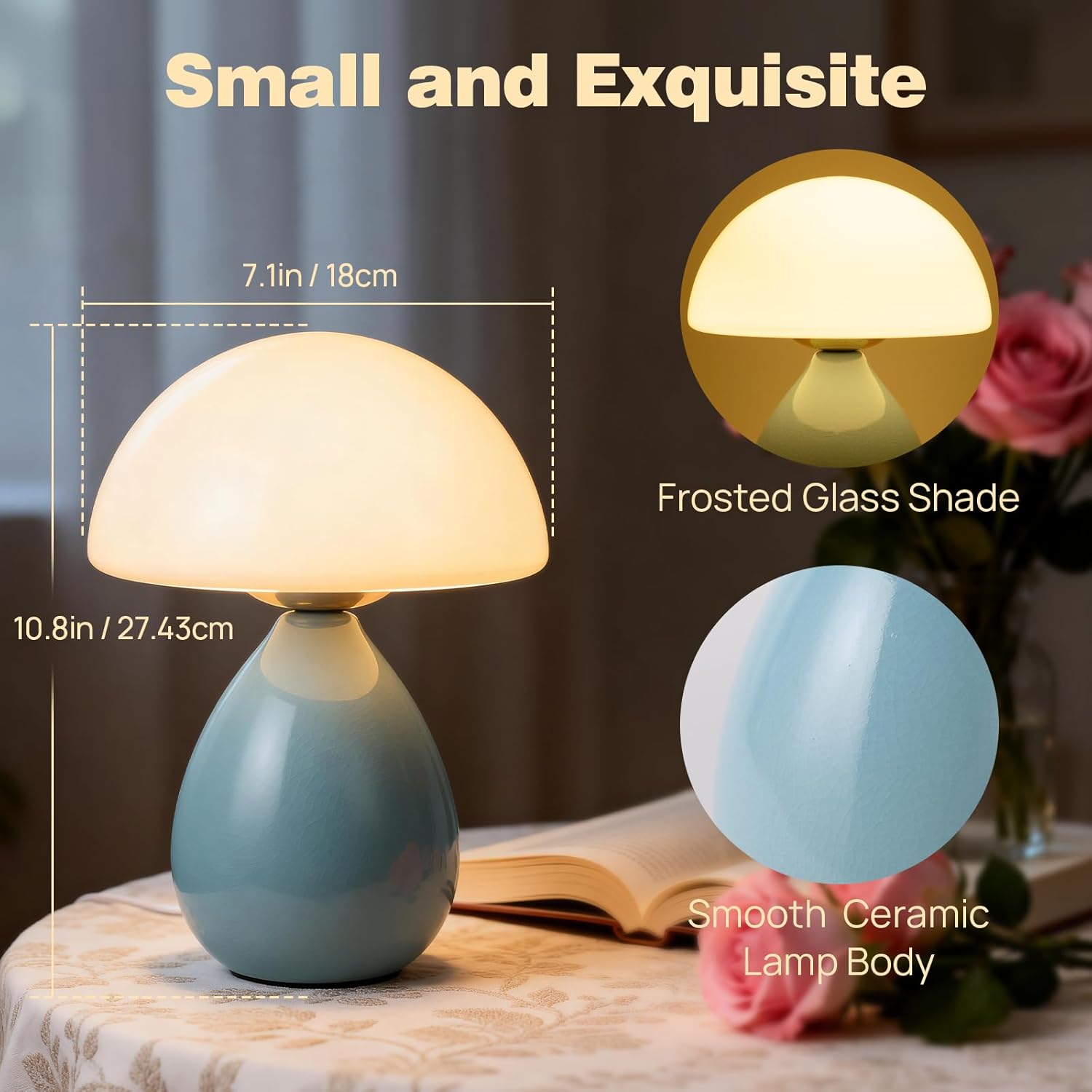Mushroom Table Lamp for Bedroom, Small Lamp for Living Room, Bedside, Nightstand, Desk, Unique Aesthetic Cute Tiny Modern Office Home Decor, Birthday Gifts for Women, Ceramic, Blue