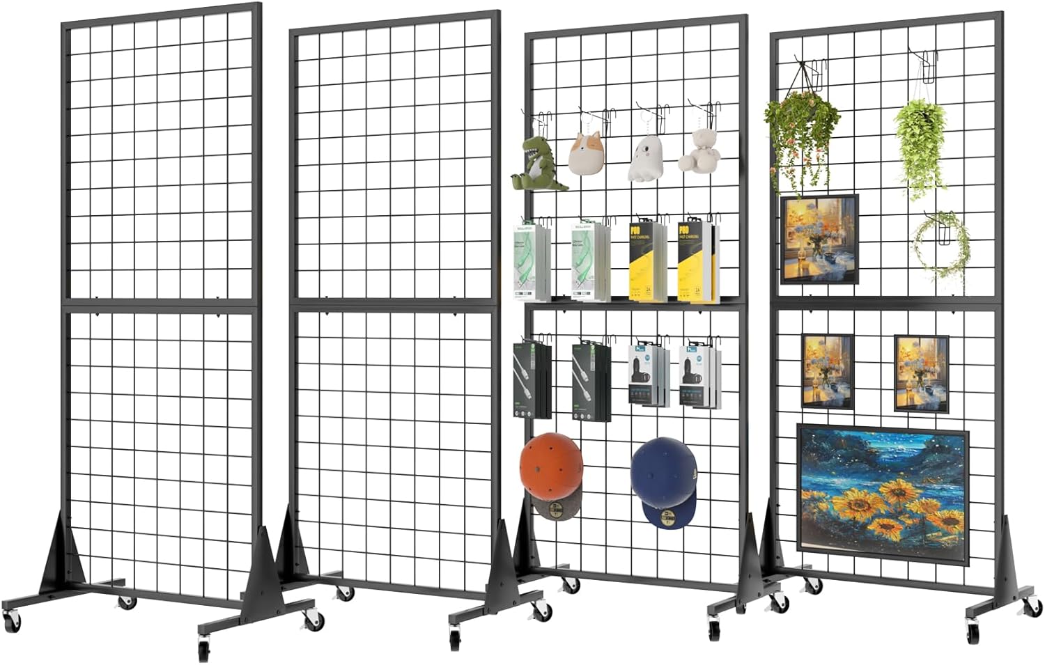 2' x 5.5' Grid Wall Panels Standing Wire Grid, Study Display Rack with T-Base Wheels Freestanding Gridwall Panel Tower for Shows, Black (4)