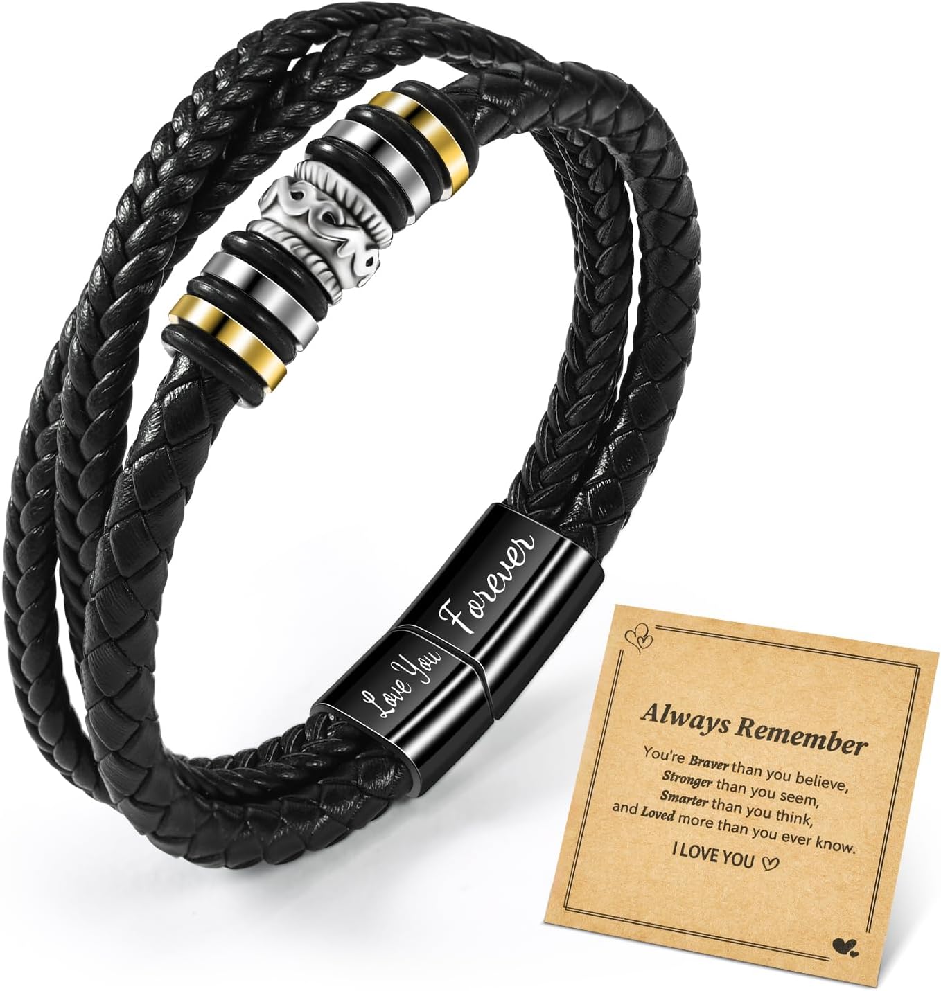 CheersLife Mens Leather Bracelet - 3 Layers Men's Braided Bracelet With Stainless Steel Magnetic Clasp - Gift for Dad, Son, Lover
