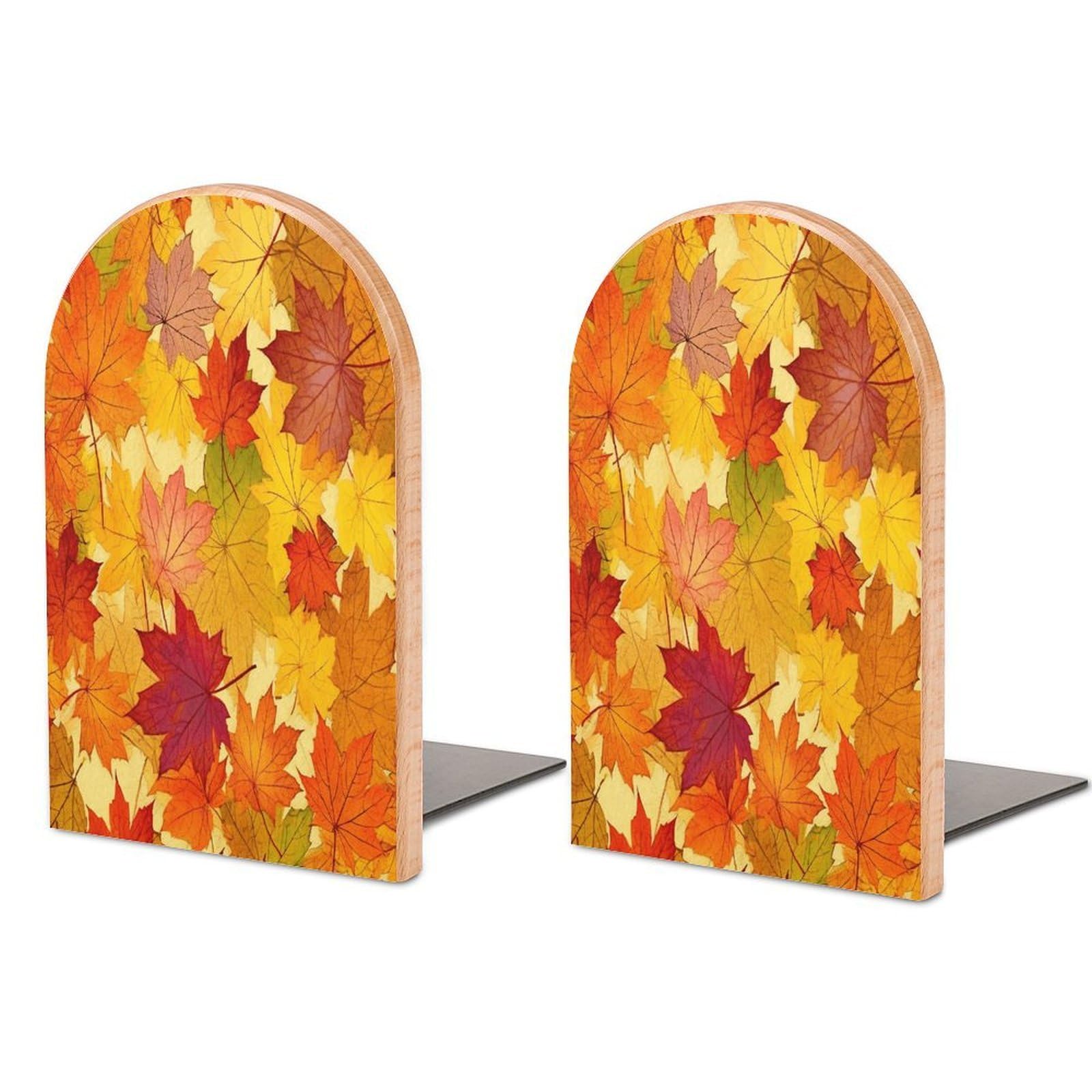 Autumn Leaves of Maple Bookend Wood Book End for Shelves Heavy Duty Non-Slip Wooden Bookend Support Universal Economy Bookends Fancy Modern Decorative Book Accessories 1 Pairs