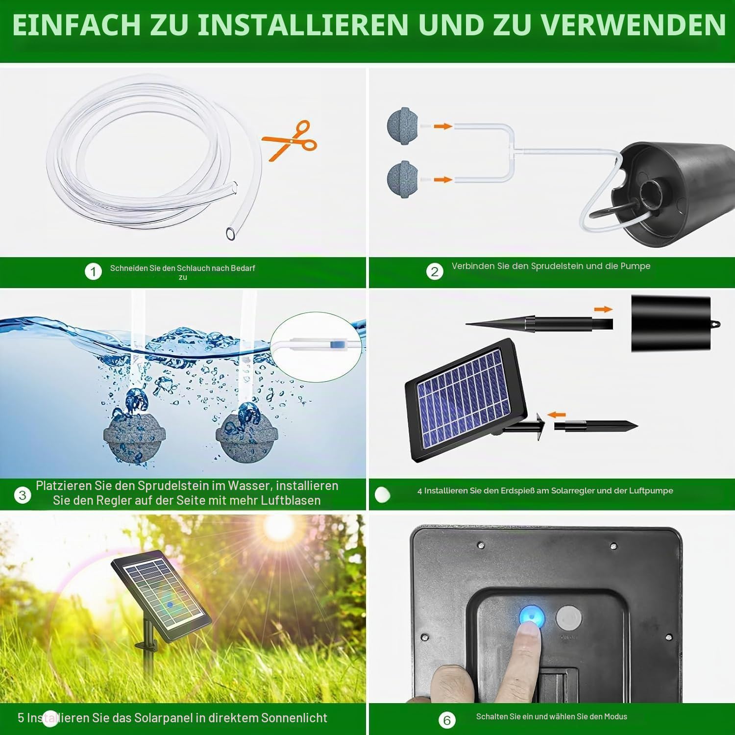 Solar-Belüfter mit Luftpumpe, 3 Modi (18H/36H/72H) – 4 W, 2200 mAh, Blasenregler für kleine Außenbecken