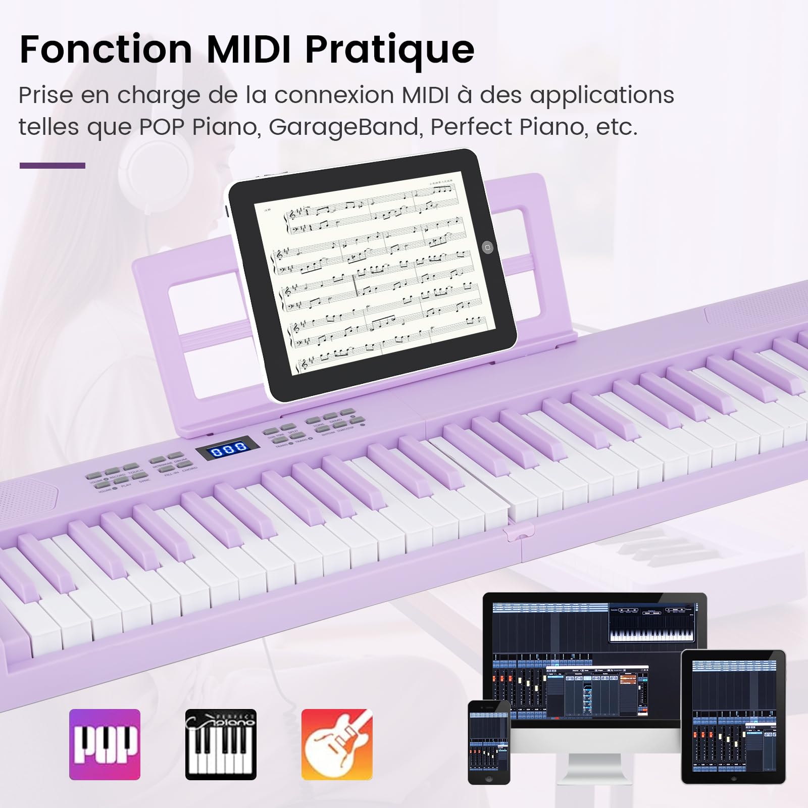 COSTWAY Piano Numérique 61 Touches Pliable avec Casque, Pupitre, Clavier Piano Taille Complète avec Haut-Parleurs, Pédale de Sustain, Fonction MIDI, 128 Sons 128 Rythmes pour Débutants (Violet)