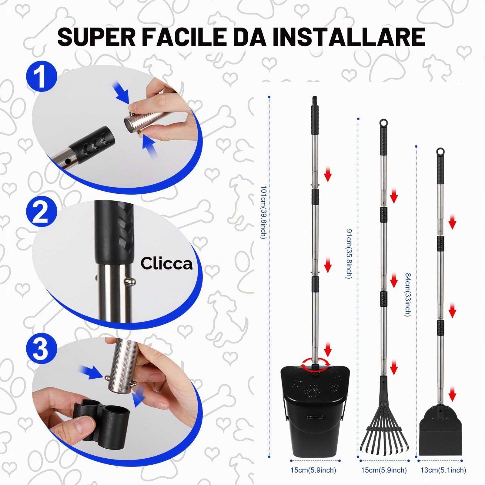 Paletta raccogli cacca cani con 20 sacchetti per rifiuti Set di Pooper Scooper da 100cm a Manico Lungo per Cani per Prato Giardino Ghiaia Erba Non si piega Portatile Ideale per Rimuovere la Cacca