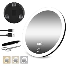 30X Magnifying Mirror with Light,6" Large Makeup Magnifying Mirror with 3 Colors Dimmable,Portable LED Magnified with 3 Suction Cups,Black
