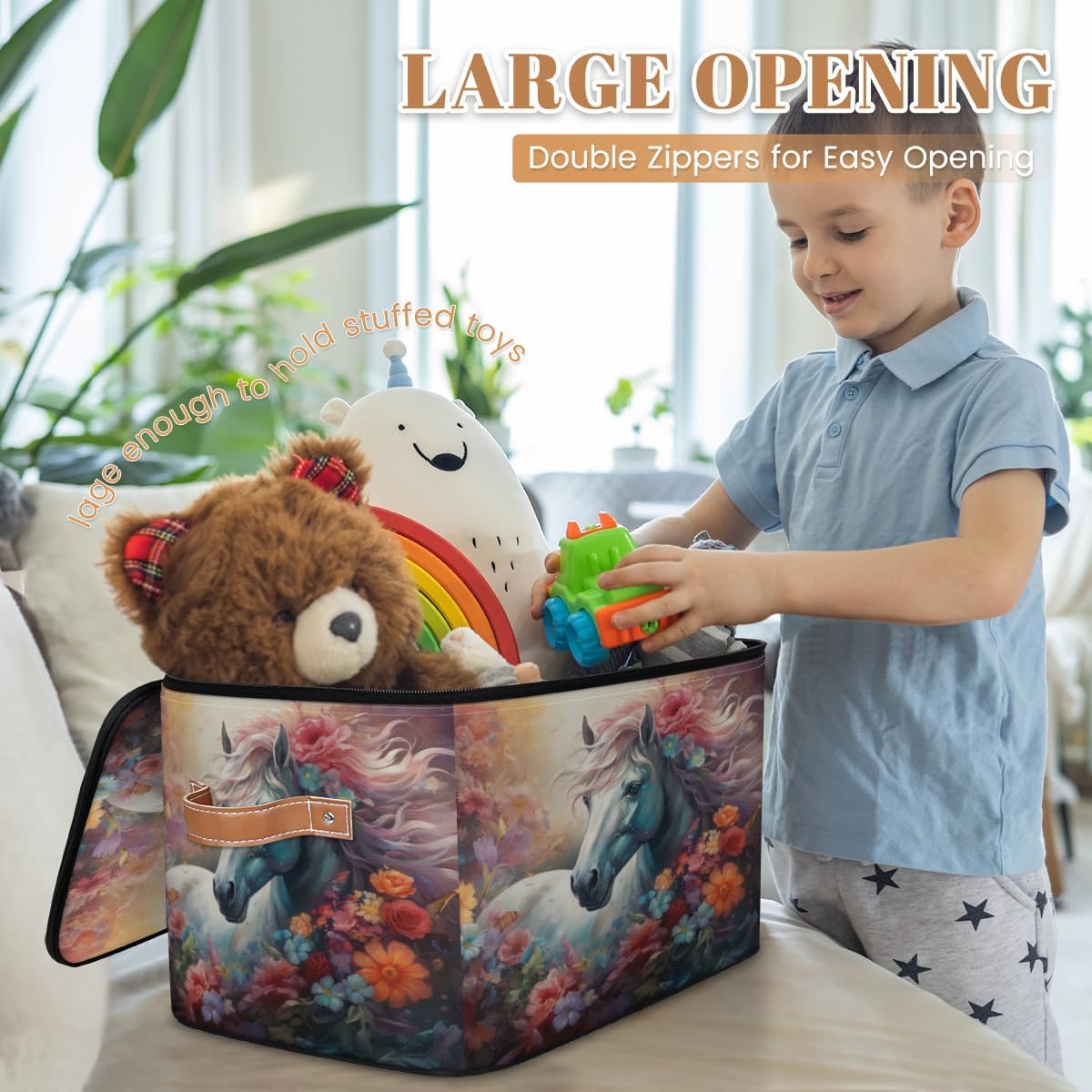 Storage Bin Set of 2 Animal Horse Floral Storage Basket with Zipper Lid & Handle Foldable Closet Shelf 2 Pack Cloth Organizer Basket Cube Bins Clothes Organizer for Bedroom, Nursery