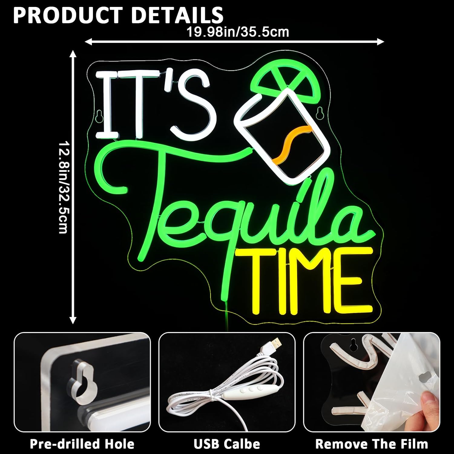 It Is Tequila Time Neon Sign for Wall Decor, Tequila Led Signs, USB Dimmable Neon Lights for Beer Bar Kitchen Restaurant Home Pub Party Man Cave Club Shops Hotel Store Business Gift - Image 2