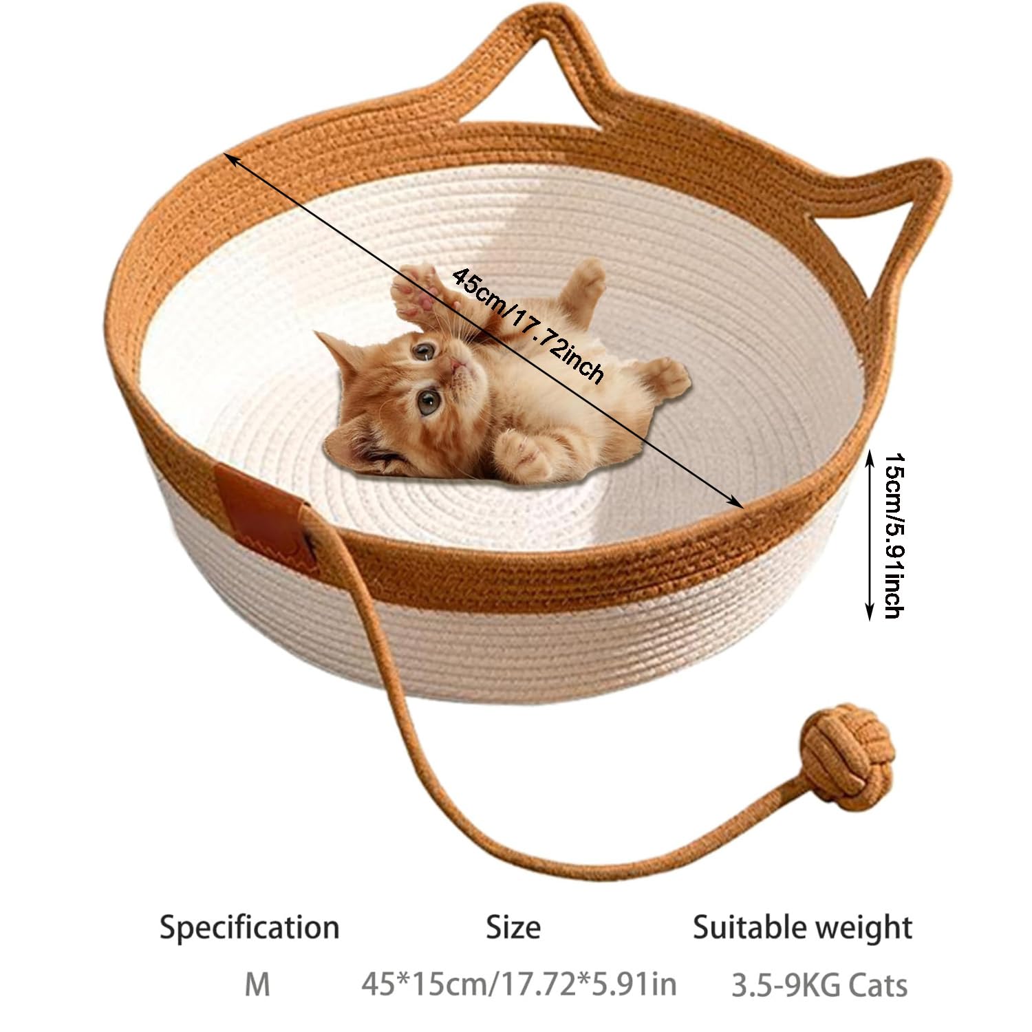 MEISO Lit pour chat intérieur en coton tissé à la main, panier avec queue de jouet, pliable et respirant (M)