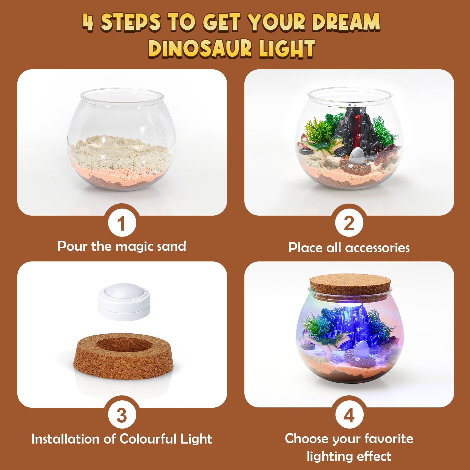 Goody King Kit Terrarium Dinosaure avec 16 Couleurs LED - Kit de Bricolage pour Enfants de 6, 7, 8, 9 Ans - Cadeau pour garçons de 4 à 12 Ans - Jouet Dinosaure à partir de 4 à 12 Ans