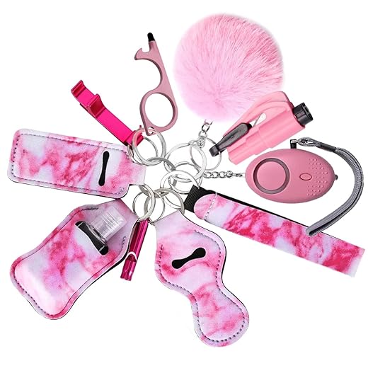 RosyFate Selbstverteidigung Schlüsselanhänger Set Frauen, 8 in 1 Self Defense Keychain Set, Sicherheits-Schlüsselanhänger-Zubehör, Sicherheitsalarm, Sicherheitshammer mit Gurtschneider (Rosa)