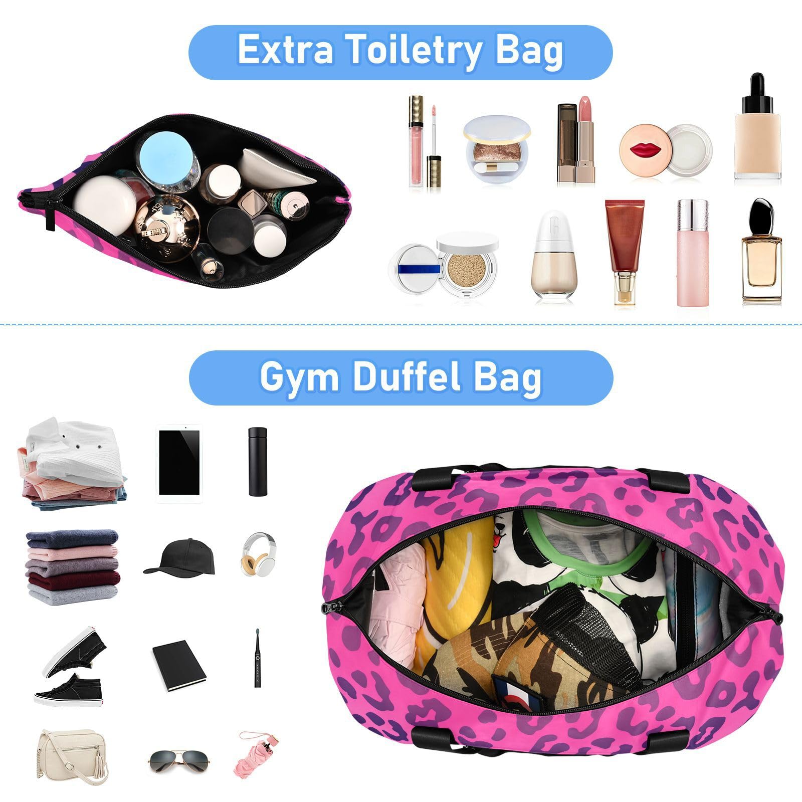 Bolsa de mano con estampado de leopardo rosa rosa con bolsillo para mojado y correa ajustable, bolsa de entrenamiento para yoga, impermeable, para hombres y mujeres