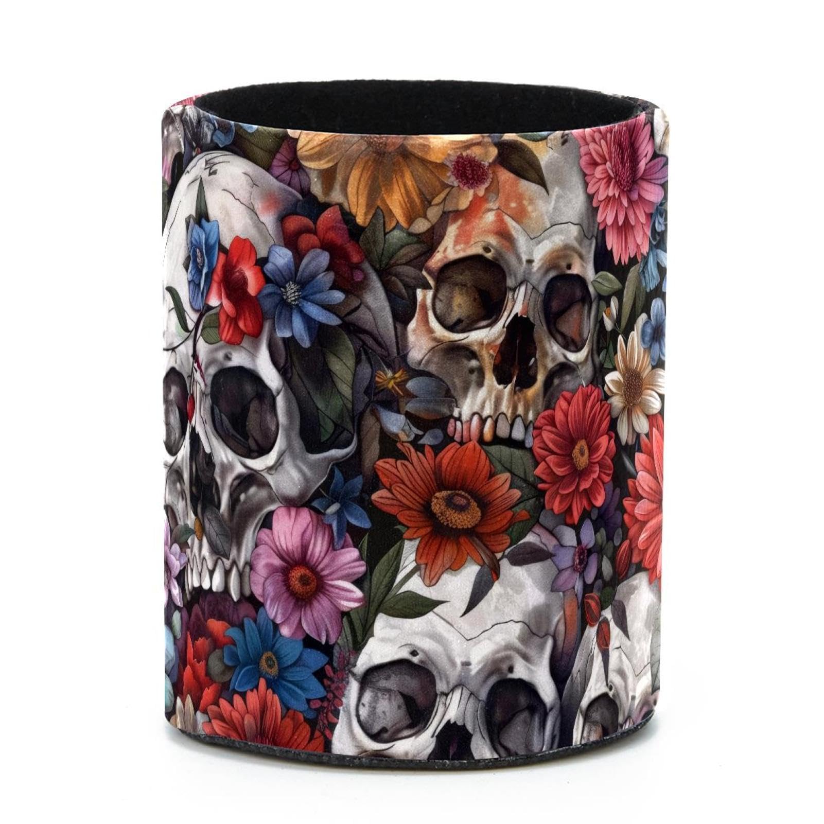 VAPOKF Round Pencil Holders for Desk, Skulls and Flower Pen Holders Pen Pot Makeup Brushes Storage Desktop Stationery Supplies Organiser for Home Office