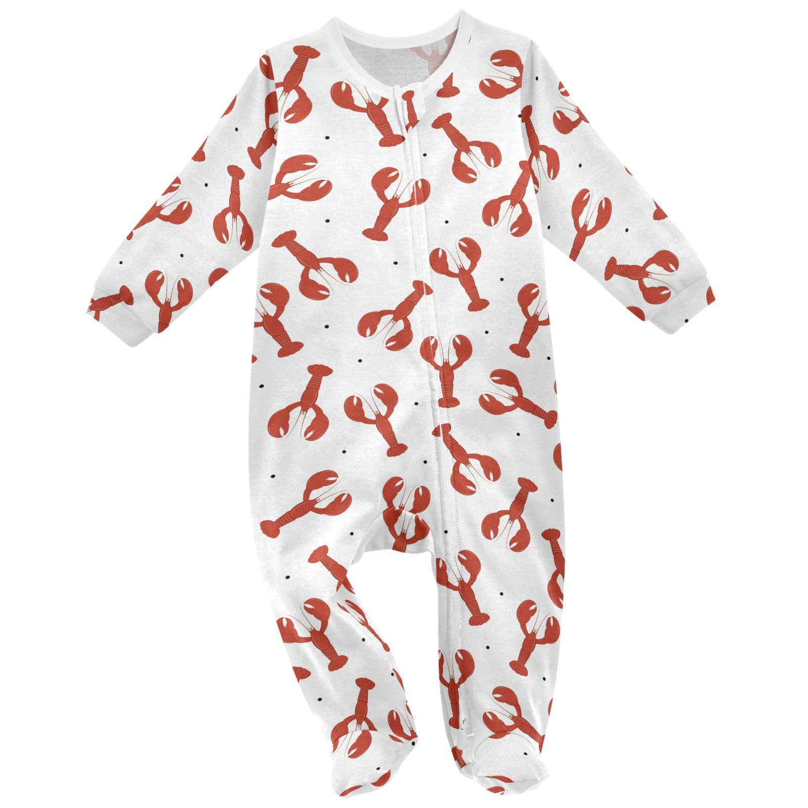 Pfrewn Baby One-Piece Footies Crawfish on White Polka Dot Long Sleeve Sleep and Play Boys Girls Zip Front Romper Jumpsuit 6M