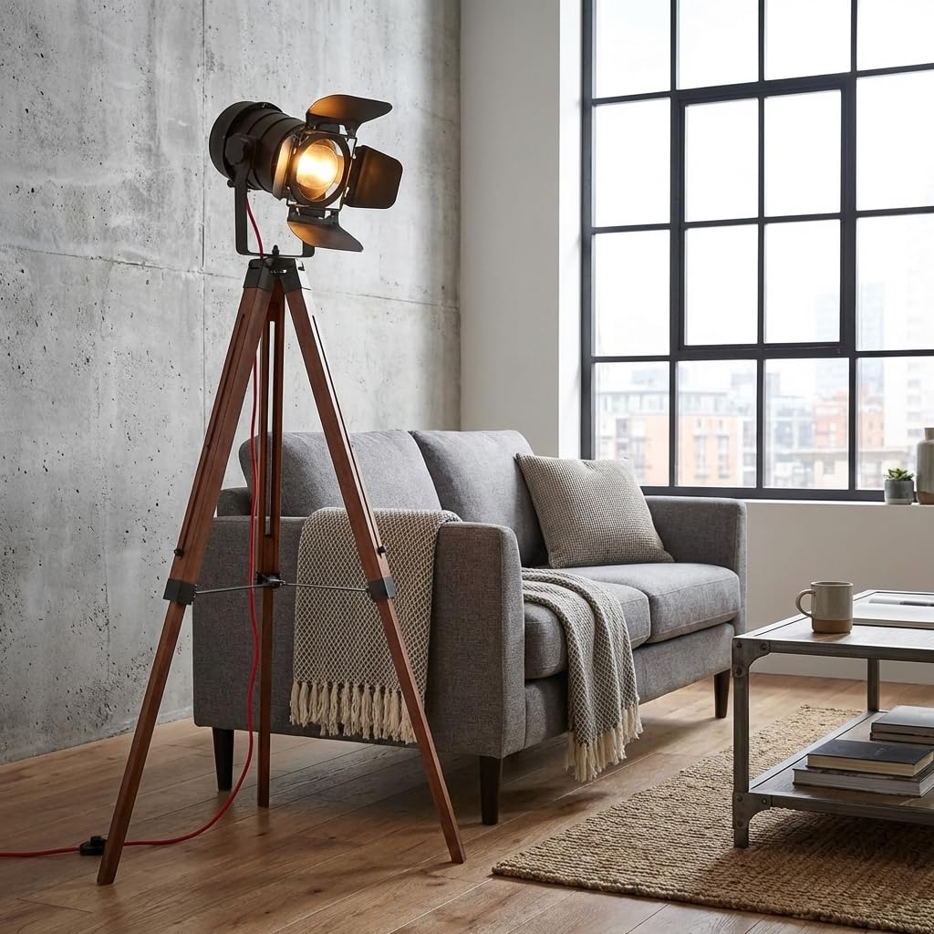 BARCELONA LED Lampe sur pied trépied noire et bois réglable, hauteur ajustable, lumière orientable, style moderne et vintage industriel, idéale pour salon, chambre, bureau, escalier, restaurant