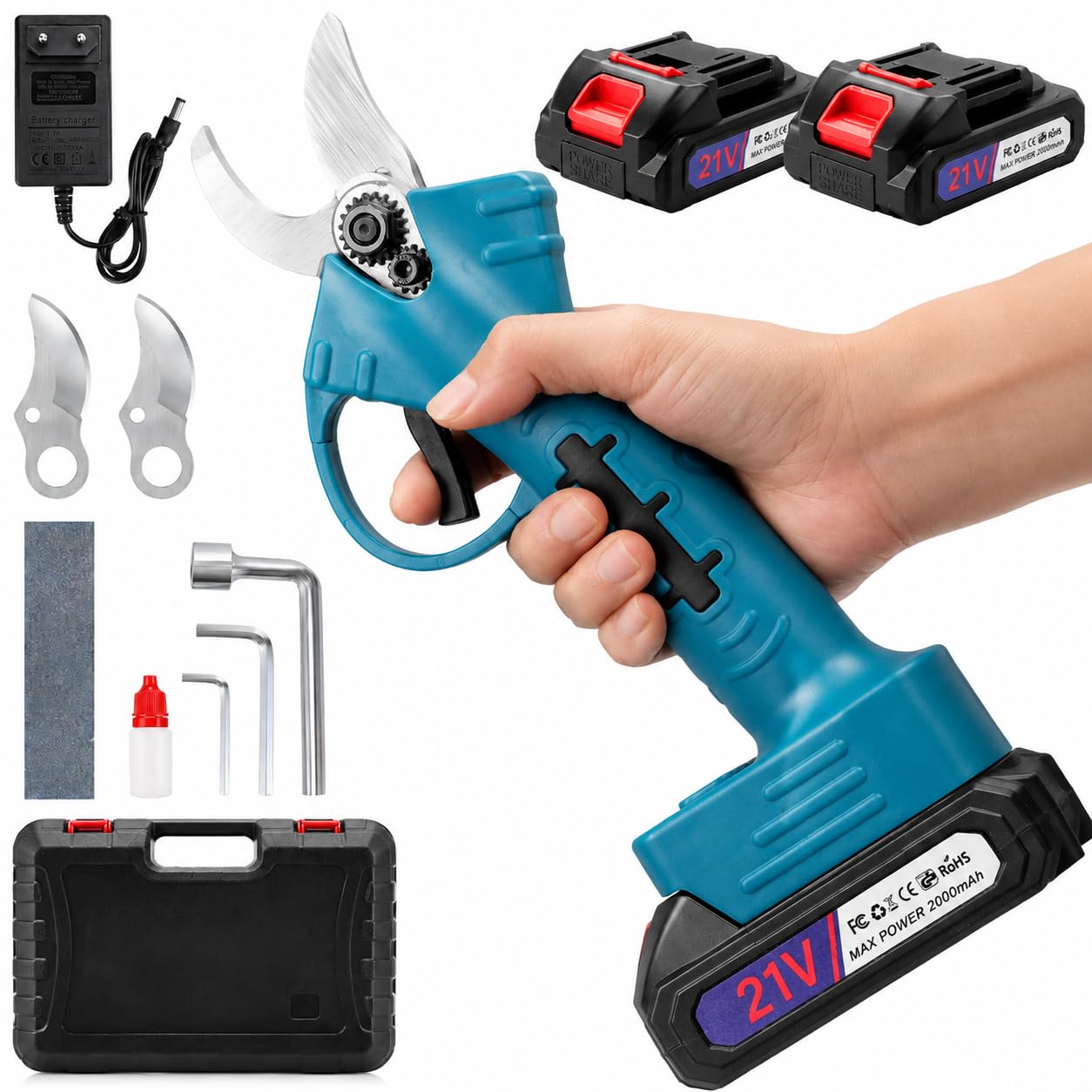 Tijeras de Podar Electricas,33mm 21V Potentes Tijeras de Podar con 2 x 2000mAh Baterías,800W Larga Duración,Silenciosa,Podadoras Profesionales sin Escobillas para Jardinería,árboles Frutales,Viñedos