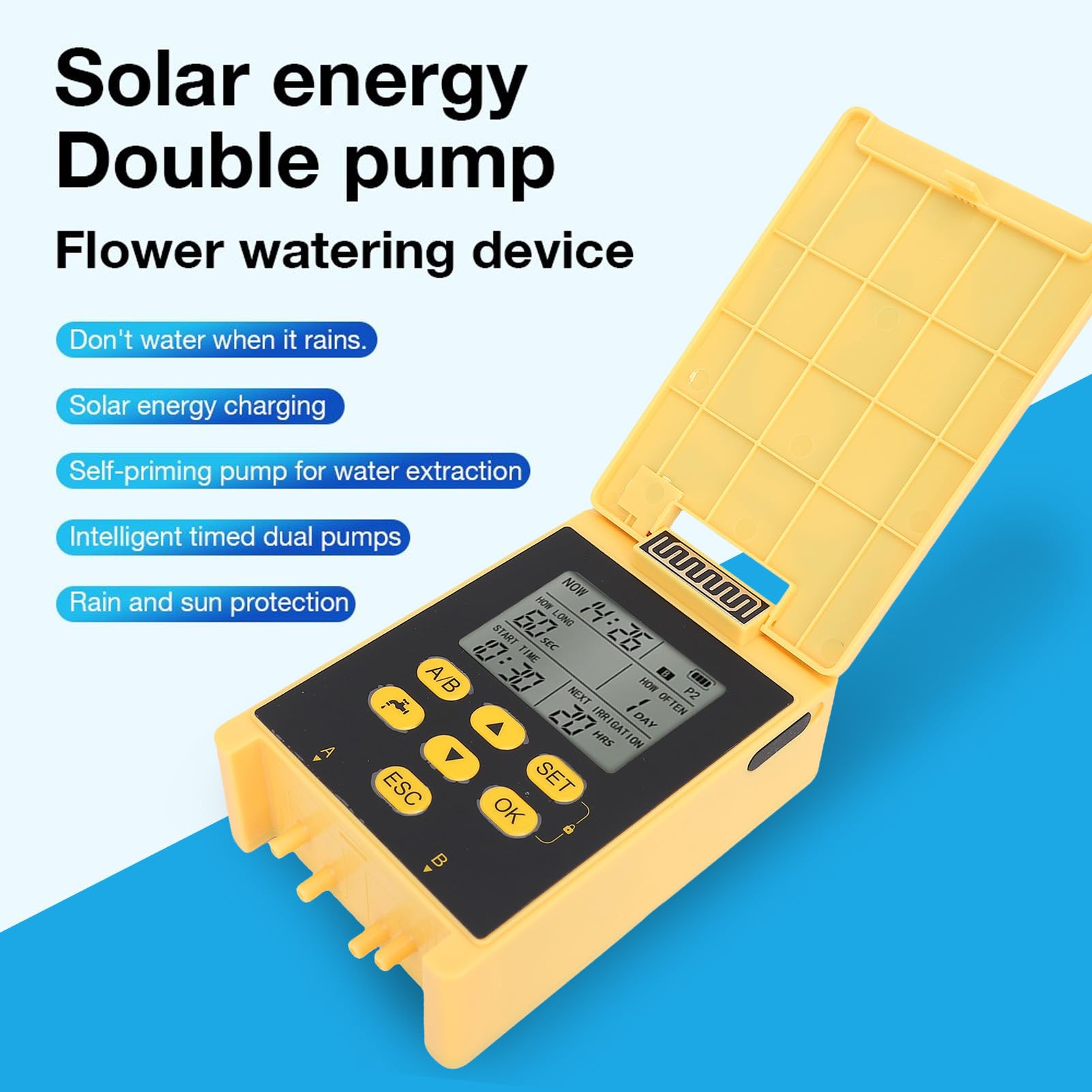 Tnfeeon de Riego Solar de Bomba Dual Dispositivo Inteligente Temporizado con Batería de 2000 MAh Caudal Mínimo de 600 Ml para Riego de Jardines y Humidificación para el Cuidado de Plantas Al Aire
