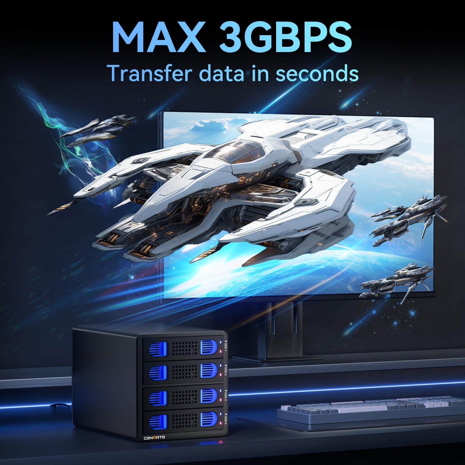 Obudowa dysku twardego, CENMATE 4-wnękowa obudowa RAID 5Gbps z wentylatorem do 2,5/3,5 SATA HDD/SSD, kabel USB A/C 3.0＋eSATA, obudowa dysku twardego 3,5 obsługuje pojemność 80TB, 8 trybów RAID, DAS