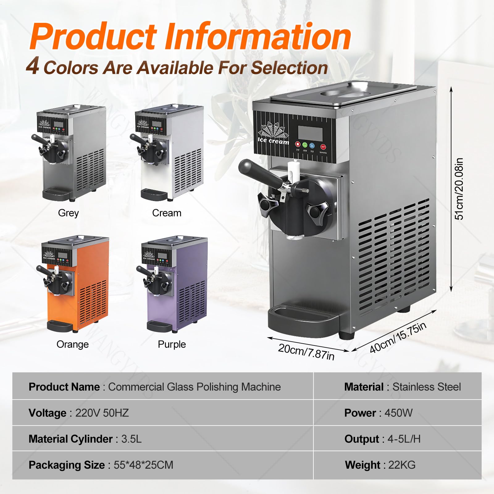 Machine à Glace Italienne Comptoir,Professionnelle, 4 à 5 L/H,Prépare 2 À 4 Portions Crème Glacée Par Fournée ,Nettoyage Automatique Et écran LCD,Disponible En 4 Couleurs,7,9 × 15,7 × 20,1 Po Grey