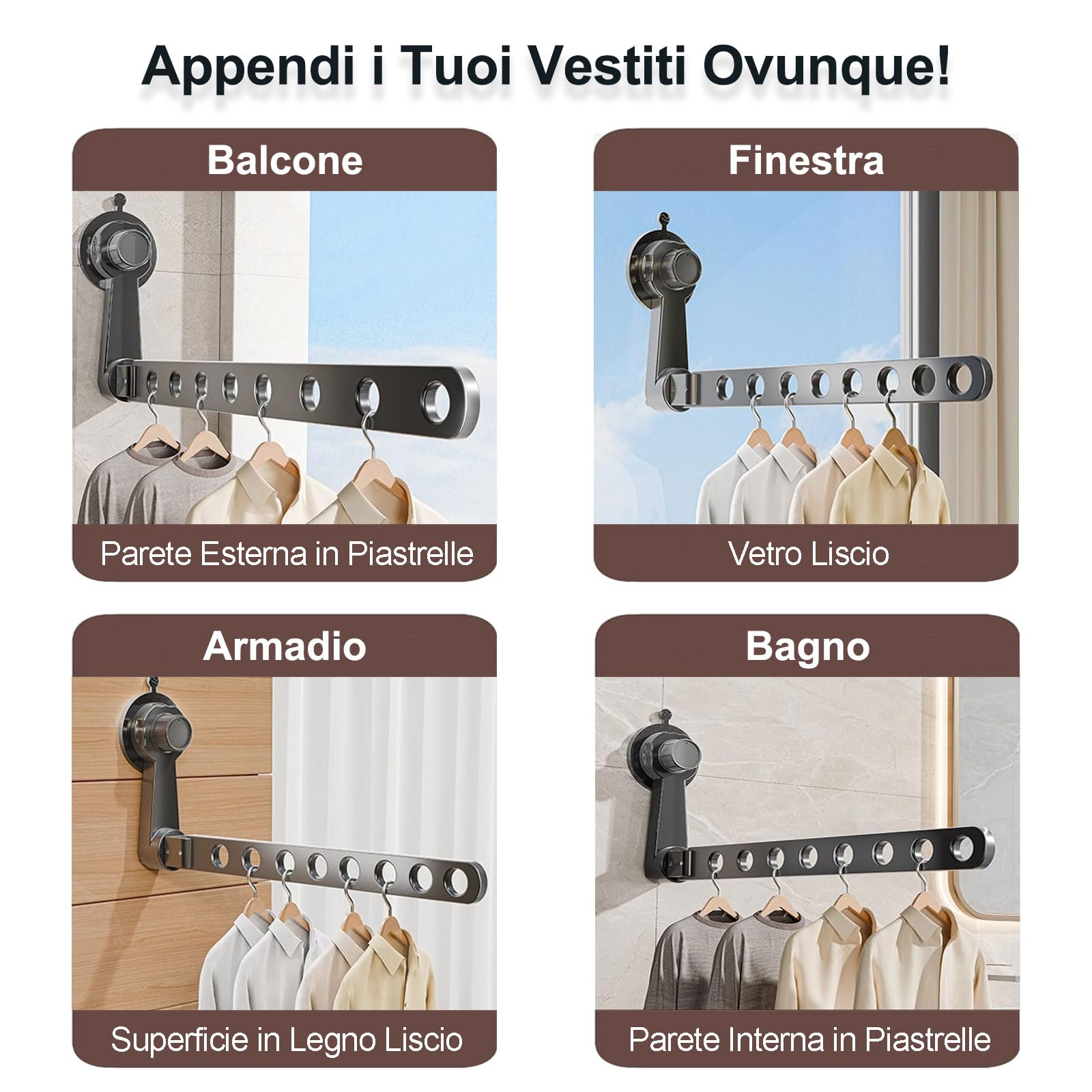 Groyells Stendibiancheria regolabile con ventosa, ventilatore allungabile in alluminio, stendibiancheria da bagno, balcone, stendibiancheria da letto, balcone