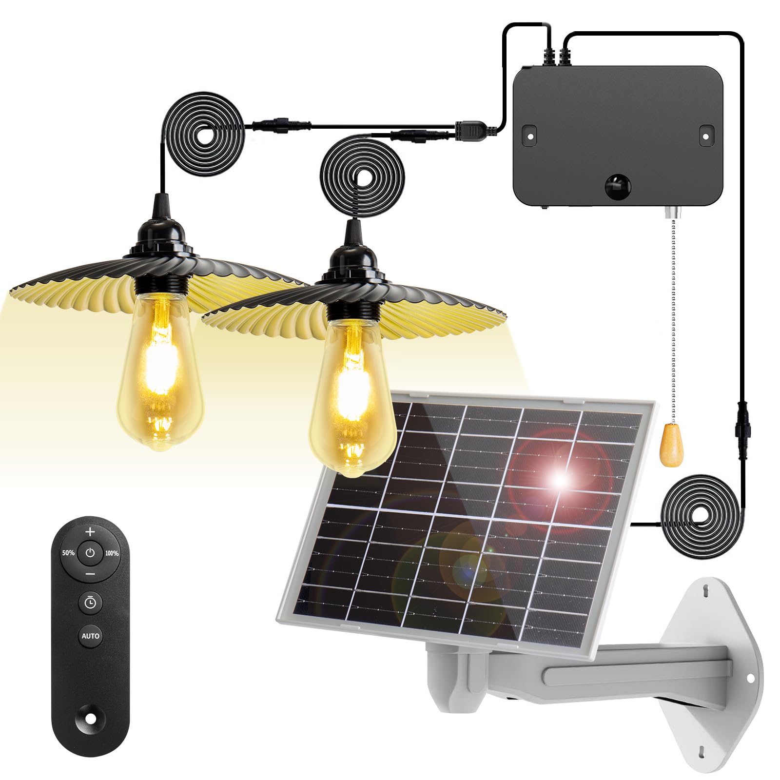 Luces Solares Exterior con Mando a Distancia 10m, Lampara Solar Interior Carga por USB 5200mAh Batería, Lámpara Solar Regulable, IP65 Impermeable, para Jardín/Balcón/Patio (2 Lámparas)