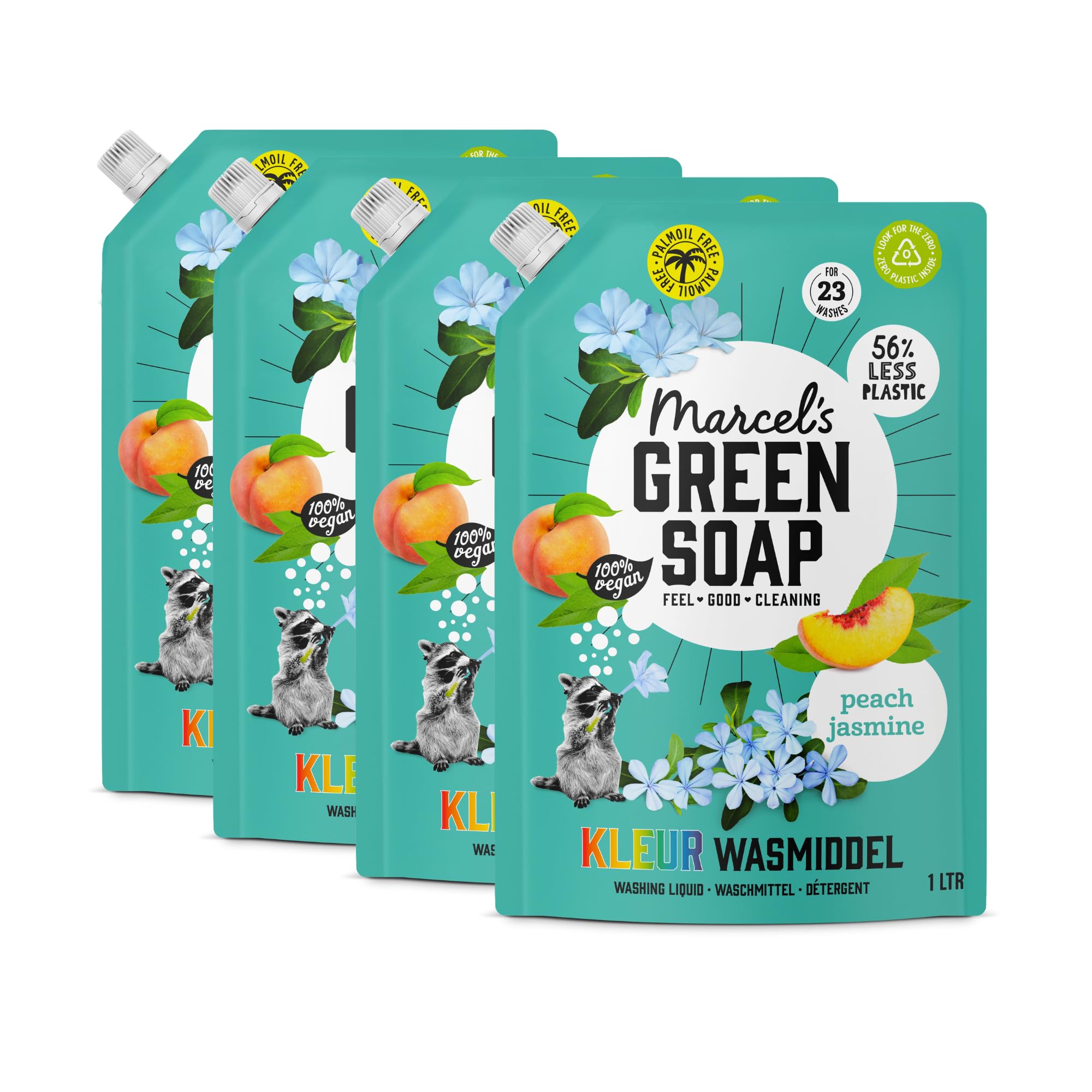 Marcel's Green Soap Farbwaschmittel Nachfüllpack Pfirsich & Jasmin – Nachfüllbeutel – Farbige Wäsche - Vegan - Mikroplastikfreie Formel - 92 Waschgänge - 1L (4er Pack)
