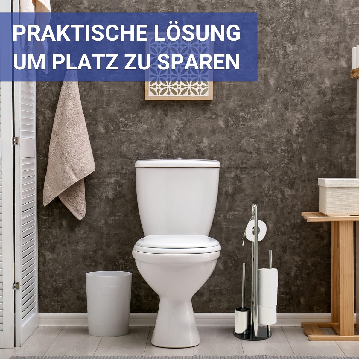WENKO Stand WC-Garnitur Mod. Ravina Edelstahl 3in1 mit Toilettenpapierhalter und Bürstenhalter inkl Bürste Ø 20 x 70 cm Farbe Silber glänzend und Schwarz