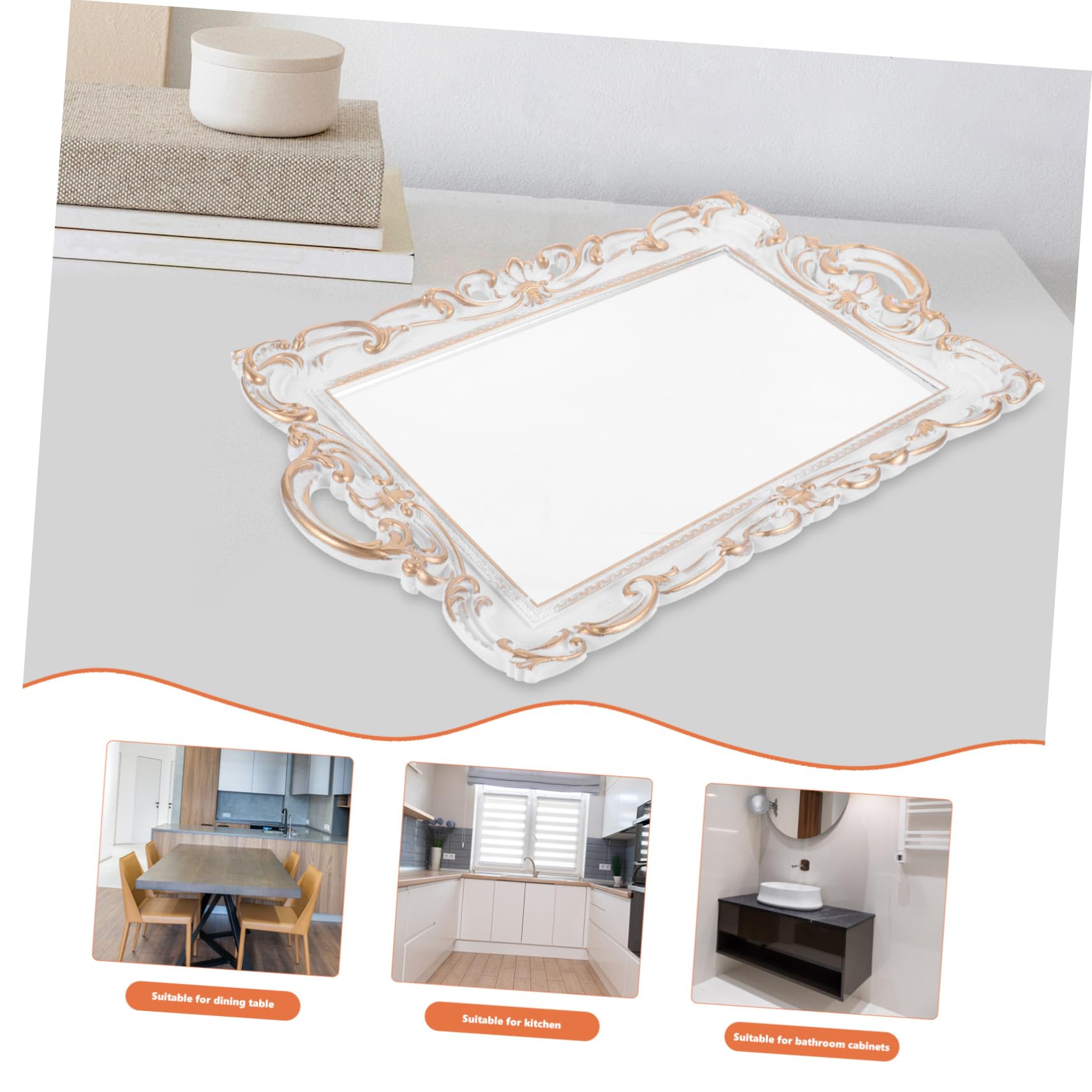 Decorativo Vassoio Bianco in Plastico e Vetro Specchio per Bijoux