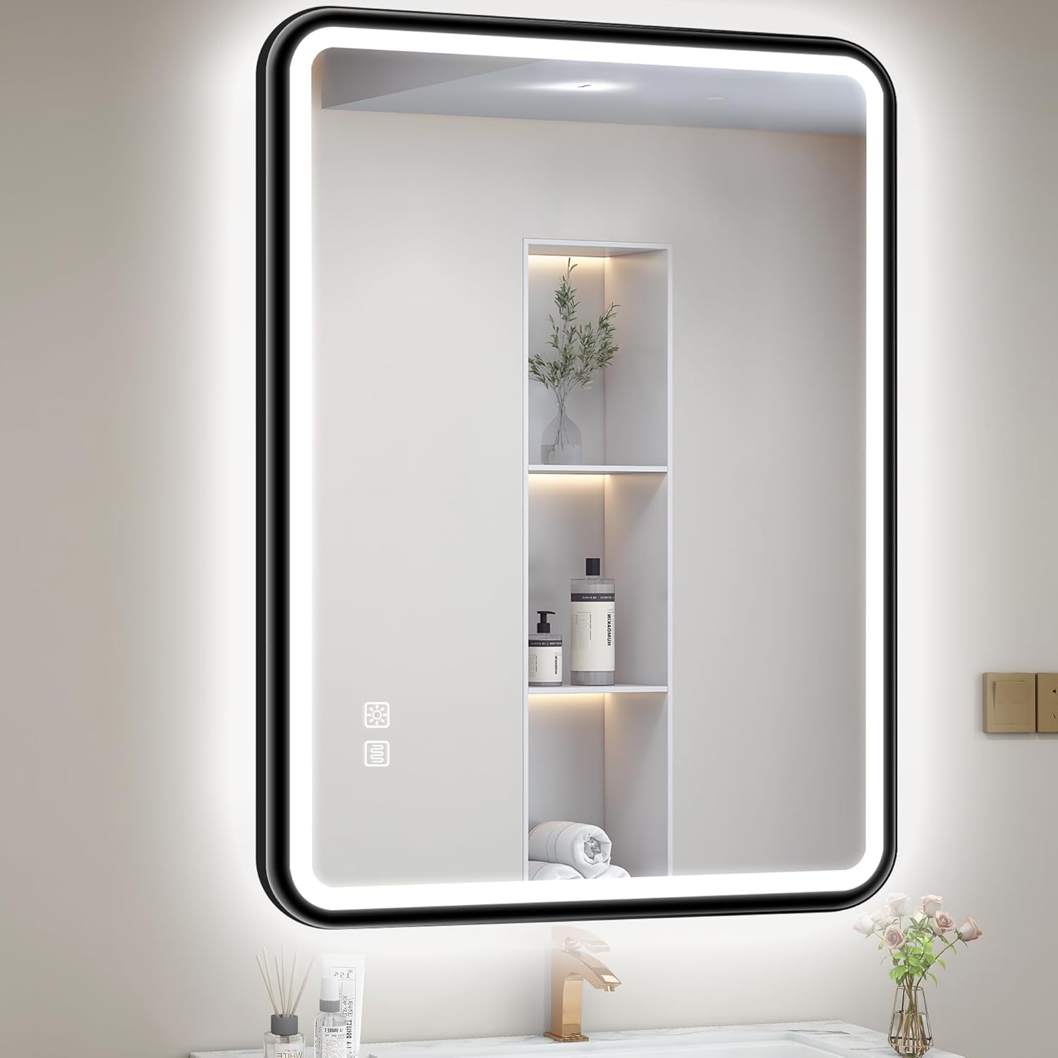 S'bagno 32X24 Black LED Mirror for Bathroom with Frontlit & Backlit, LED Bathroom Mirror with Metal Frame, Anti-Fog, Stepless Dimmable, 3 Colors Temperature LED Vanity Mirror(Horizontal/Vertical)