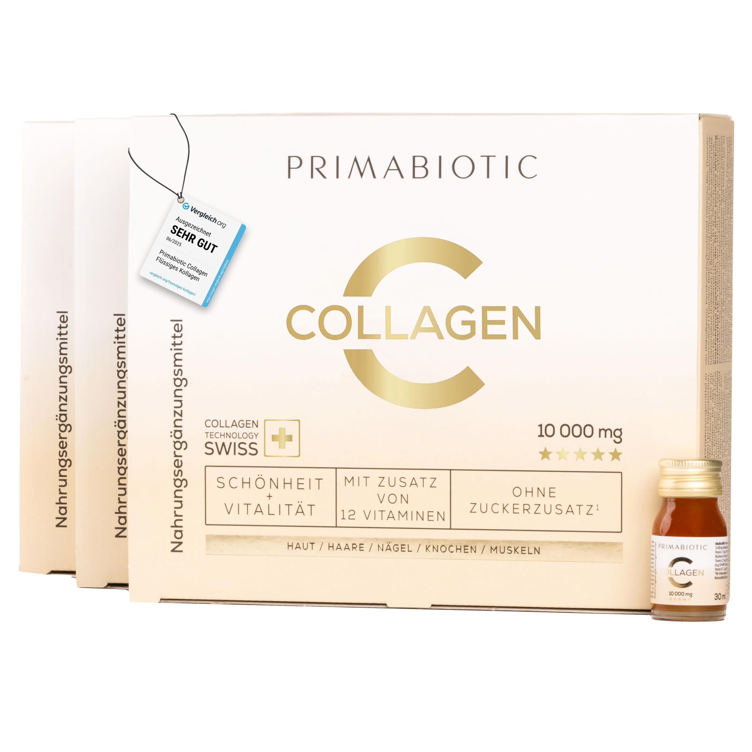 Kollagen Trinkampullen – Primabiotic Collagen Peptide 10000 mg | 90 Ampullen à 30 ml (2700 ml) | Flüssiger Beauty Drink in Premium-Qualität | 95% Absorption | Für Haut, Haare & Gelenke