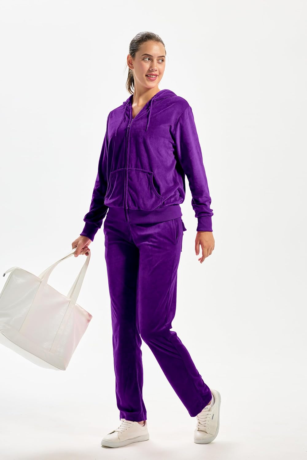 TanBridge Women's 2 Piece Solid Velvet Tracksuit Set Full Zip-up Hooded Sweatshirts & Pants Set - Image 5