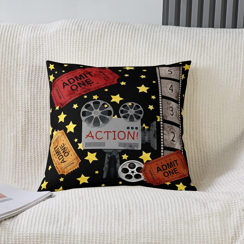 Movie Theater Square Cushion Covers Set of 4 Movie Action Family Time Pillow Covers Home Decor Cinema Poster Film Reversible Throw Pillow Covers for Kids Old Fashion Home Decor 20 x 20-Inch