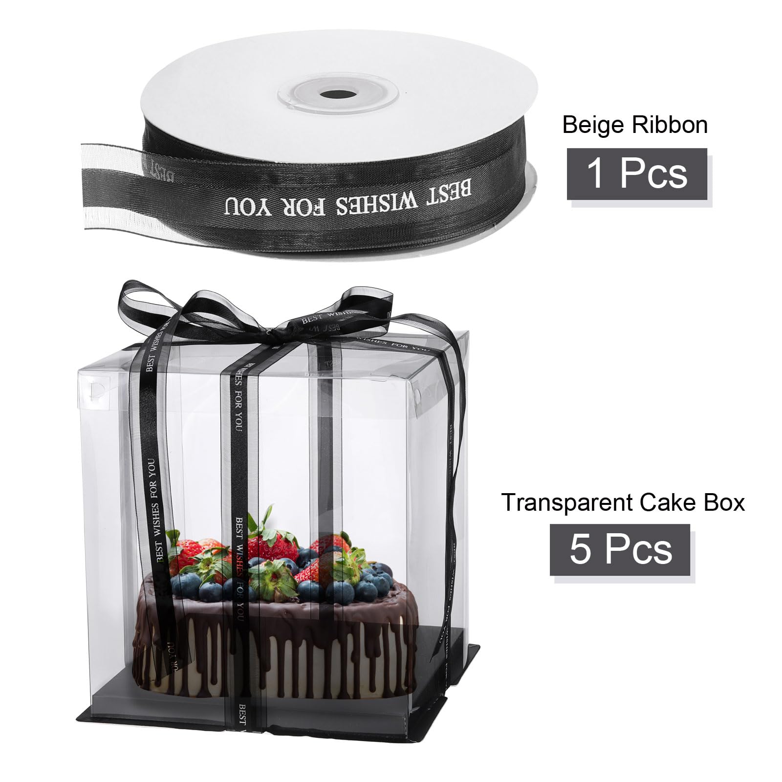 QUARKZMAN Przezroczyste pudełko na tort, 5 szt. 25 x 25 cm, wysokie pudełka na tort z kokardką na tort 15 cm - na urodziny, imprezy, wesele (czarne)