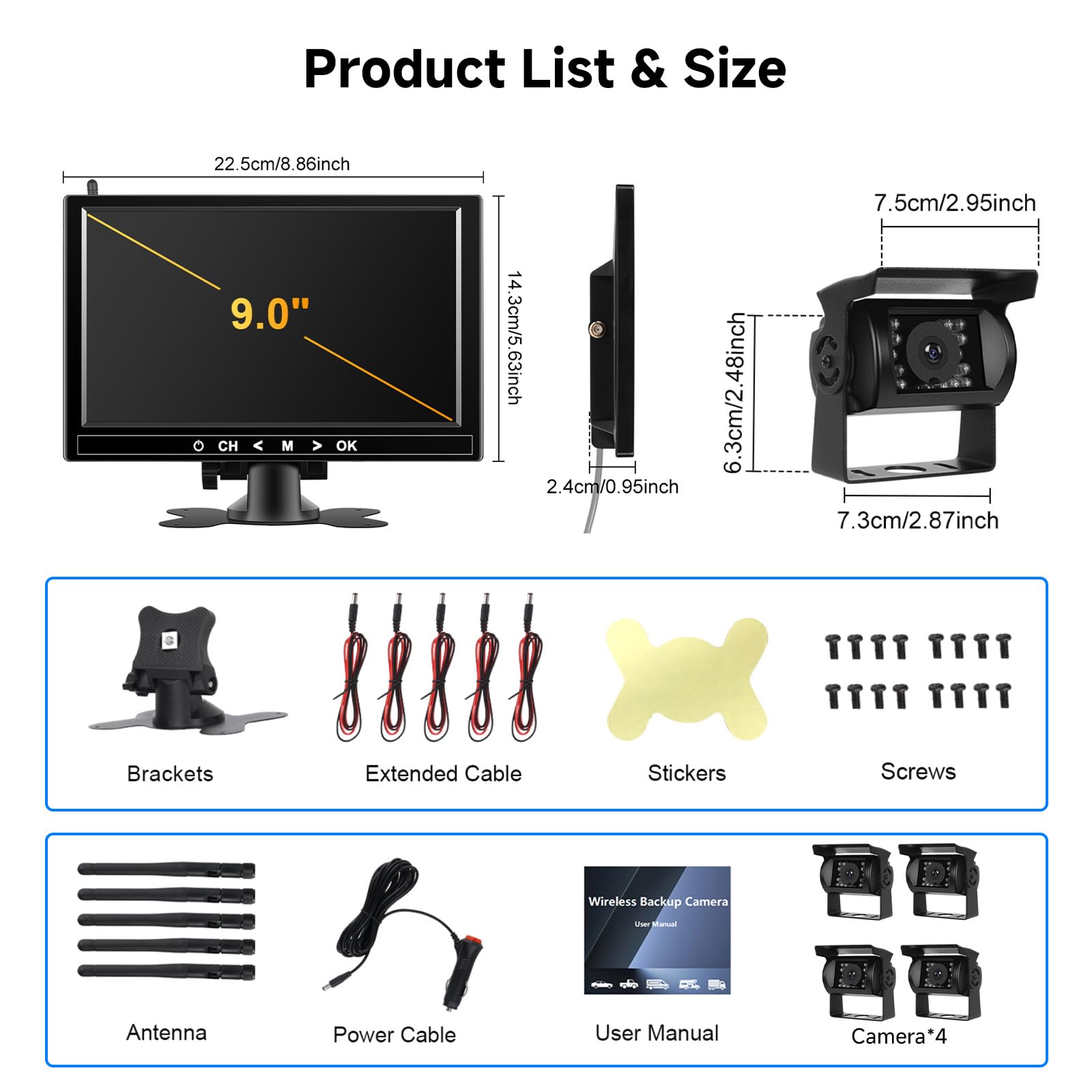 Kit de 4 caméras arrière sans Fil 1080P HD, Podofo Moniteur LCD 9 Pouces avec 4 caméras de recul pour remorque RV Camper Camion Voiture Bus, détection des Angles Morts, Lignes de Guidage, 12V-36V