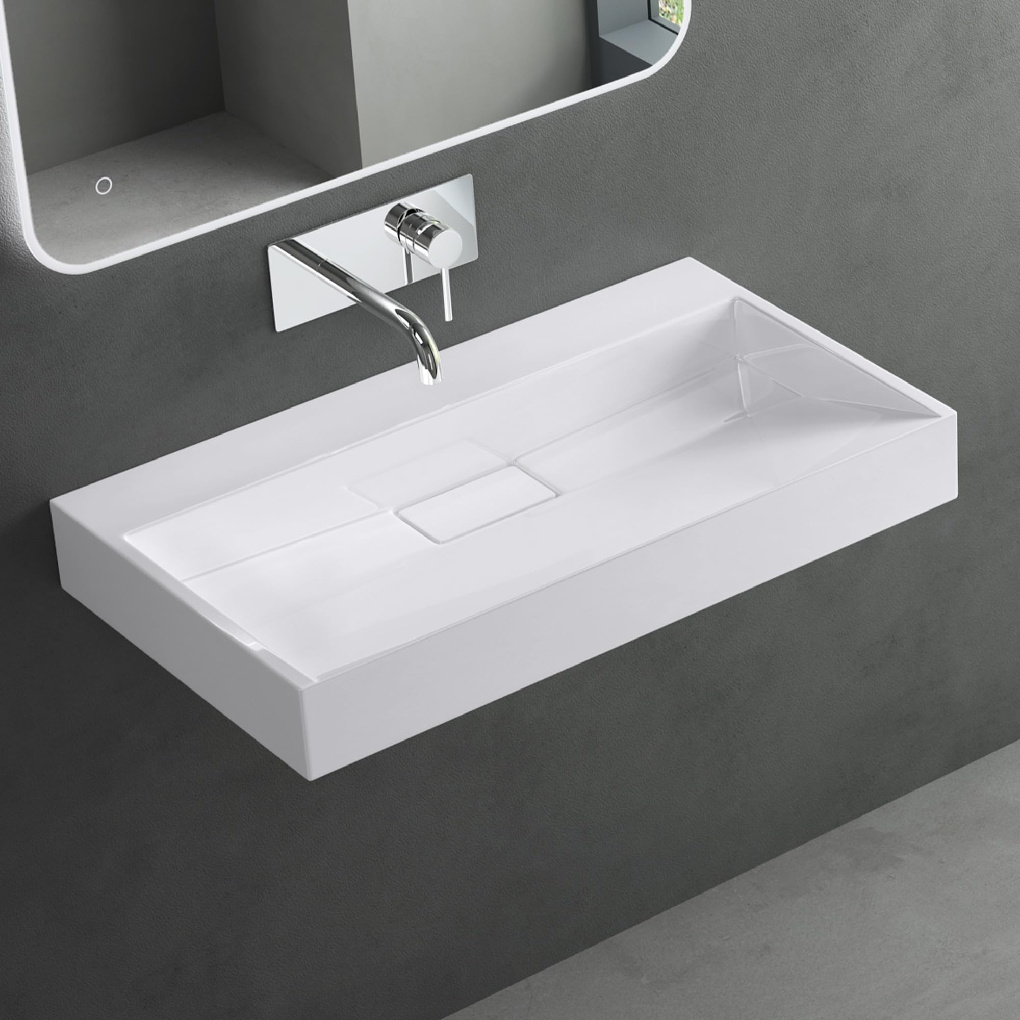 Mai & Mai Lavabo Salle de Bains Vasque Suspendu Blanc 80x46x11cm Vasque à Poser Rectangulaire sans Perçage Col19