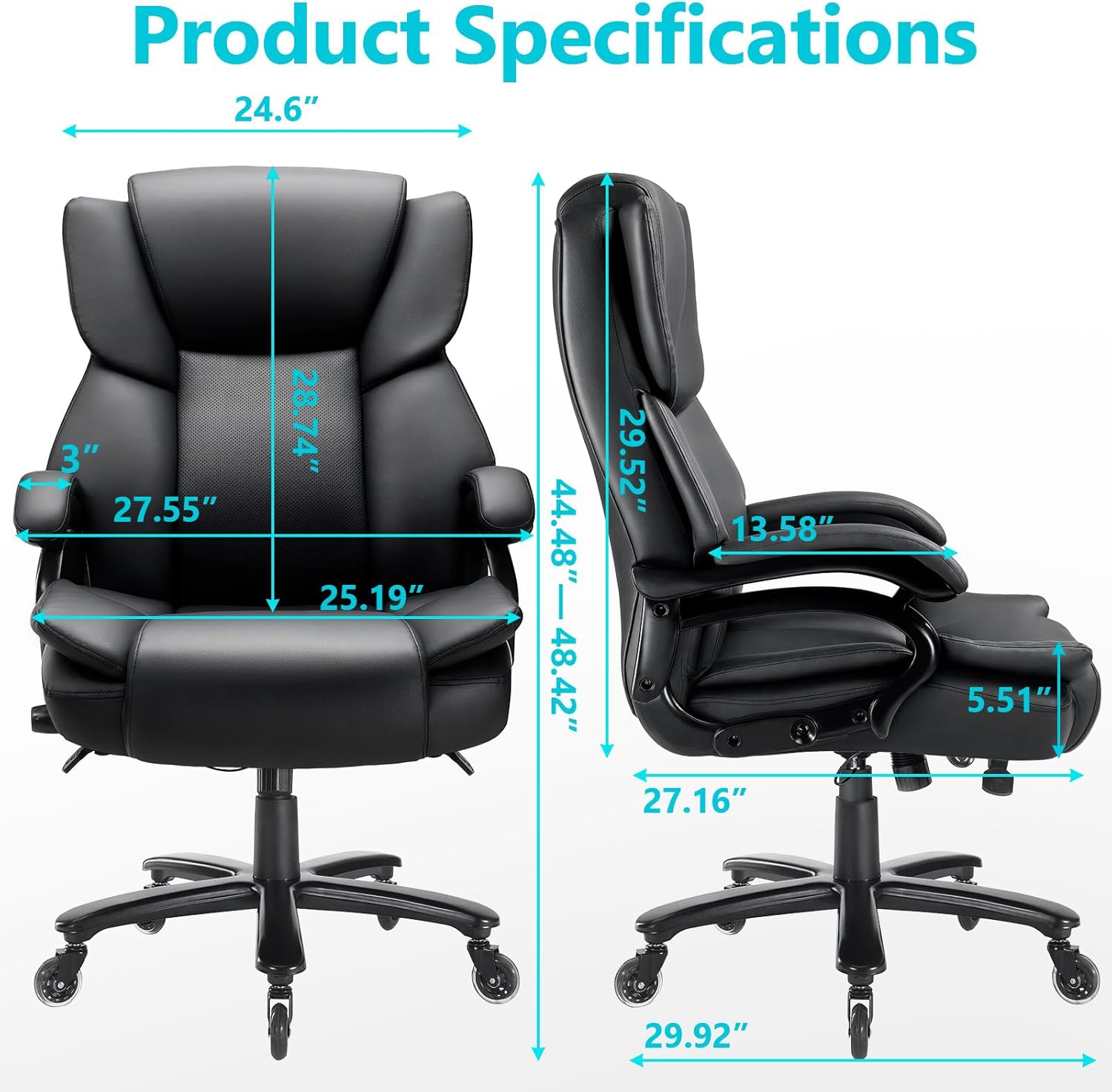 500lbs Big and Tall Office Chair, Heavy Duty Office Chair for Heavy People, High Back Executive Desk Chair with Adjustable Lumbar Support,Quiet Rubber Wheel,Pocket Spring Cushion - Image 3