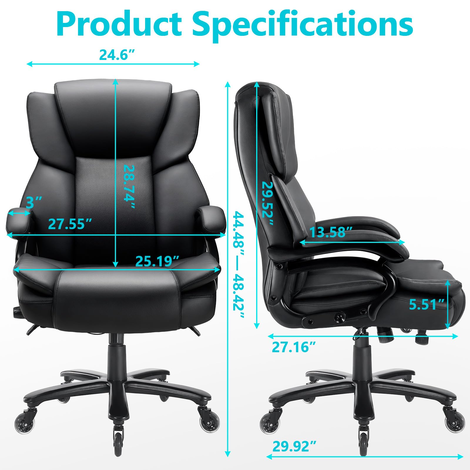 500lbs Big and Tall Office Chair, Heavy Duty Office Chair for Heavy People, High Back Executive Desk Chair with Adjustable Lumbar Support, Quiet Rubber Wheel