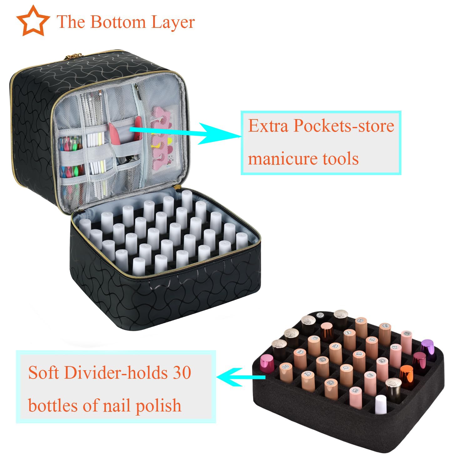 Nail Polish Organizer Holds 30 Bottles (15ml) and 1 Nail Light Nail Polish Carrying Case with Storage Pockets for Manicure Tools Double Layer Nail Storage Travel Bag with Handle (): B-Black
