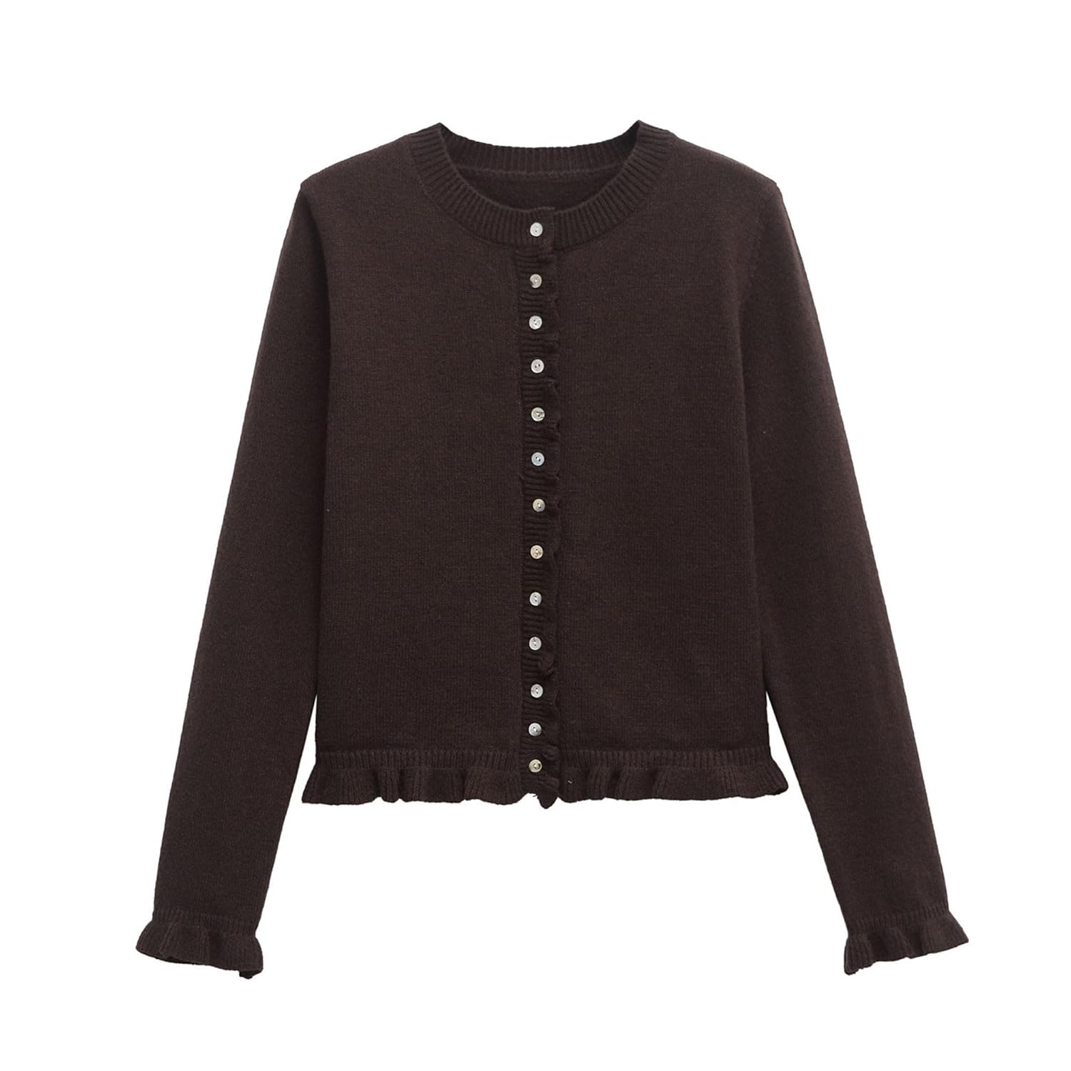 FindThy Womens Cropped Cardigan Sweater Trendy Crewneck Ruffle Long Sleeve Button Down Knitwear Tops
