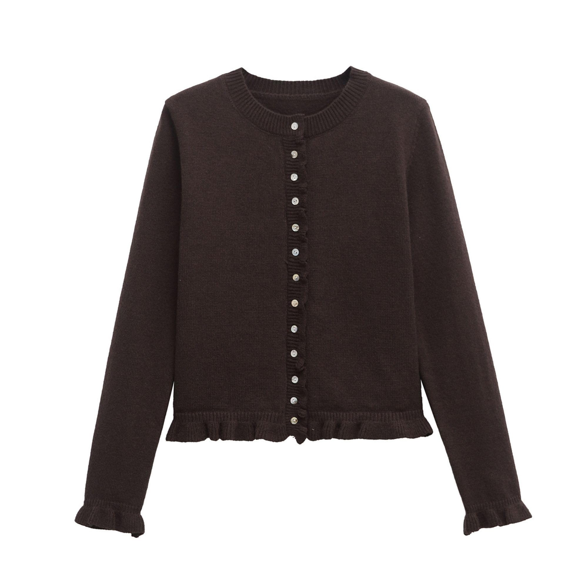 FindThy Womens Cropped Cardigan Sweater Trendy Crewneck Ruffle Long Sleeve Button Down Knitwear Tops