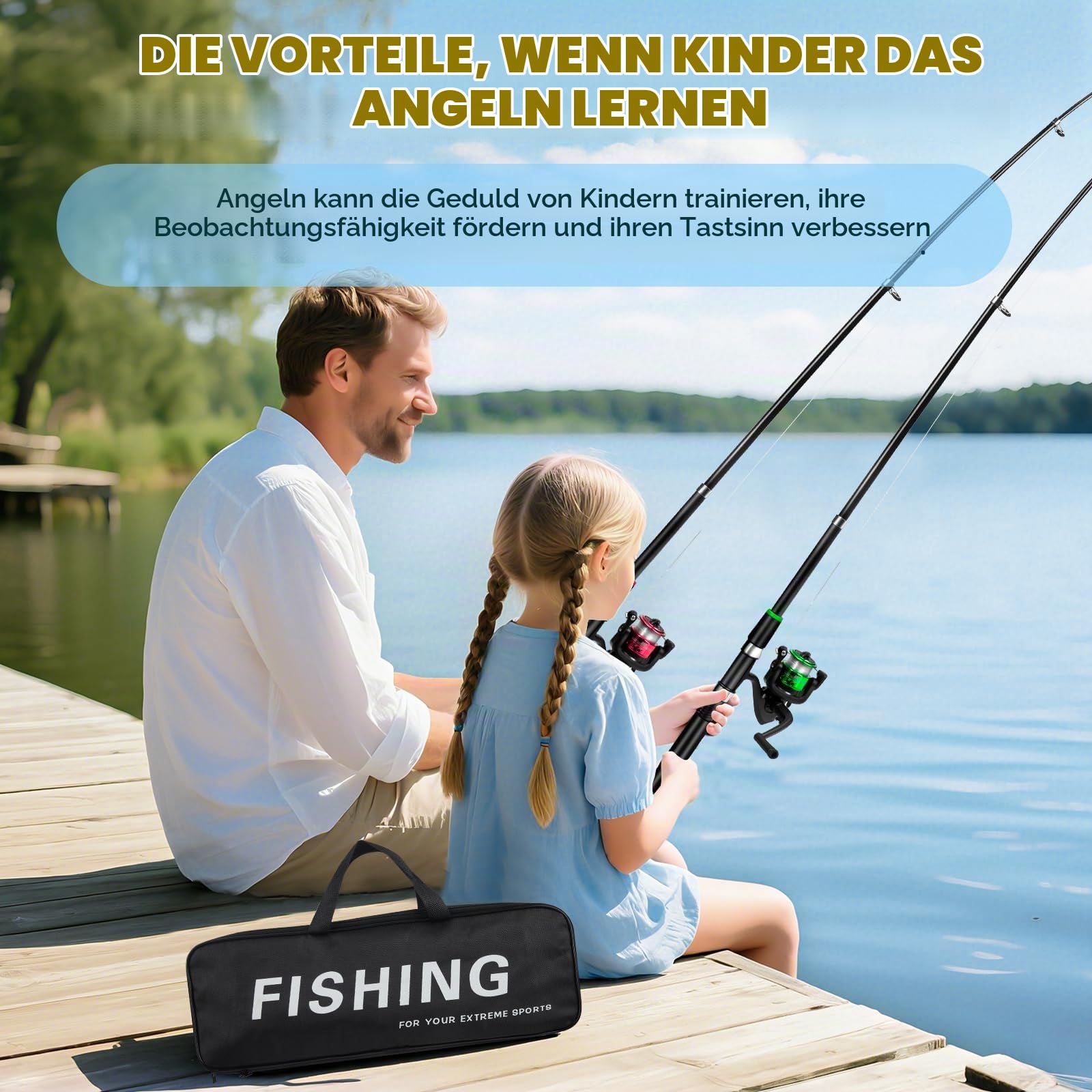 Teleskop Kinderangel Set,Angelruten mit 5.2:1 Spinnrolle Angelset Zubehör Köder Box Tragetasche,Anfänger Starter Set Süsswasser Salzwasser See Fluss Seeangeln,1.8M/5.91FT